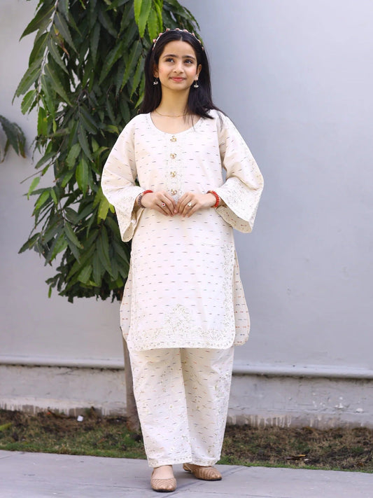 White-Lumira Cotton Embroidered Stitched 2-Piece Suit-Azure
