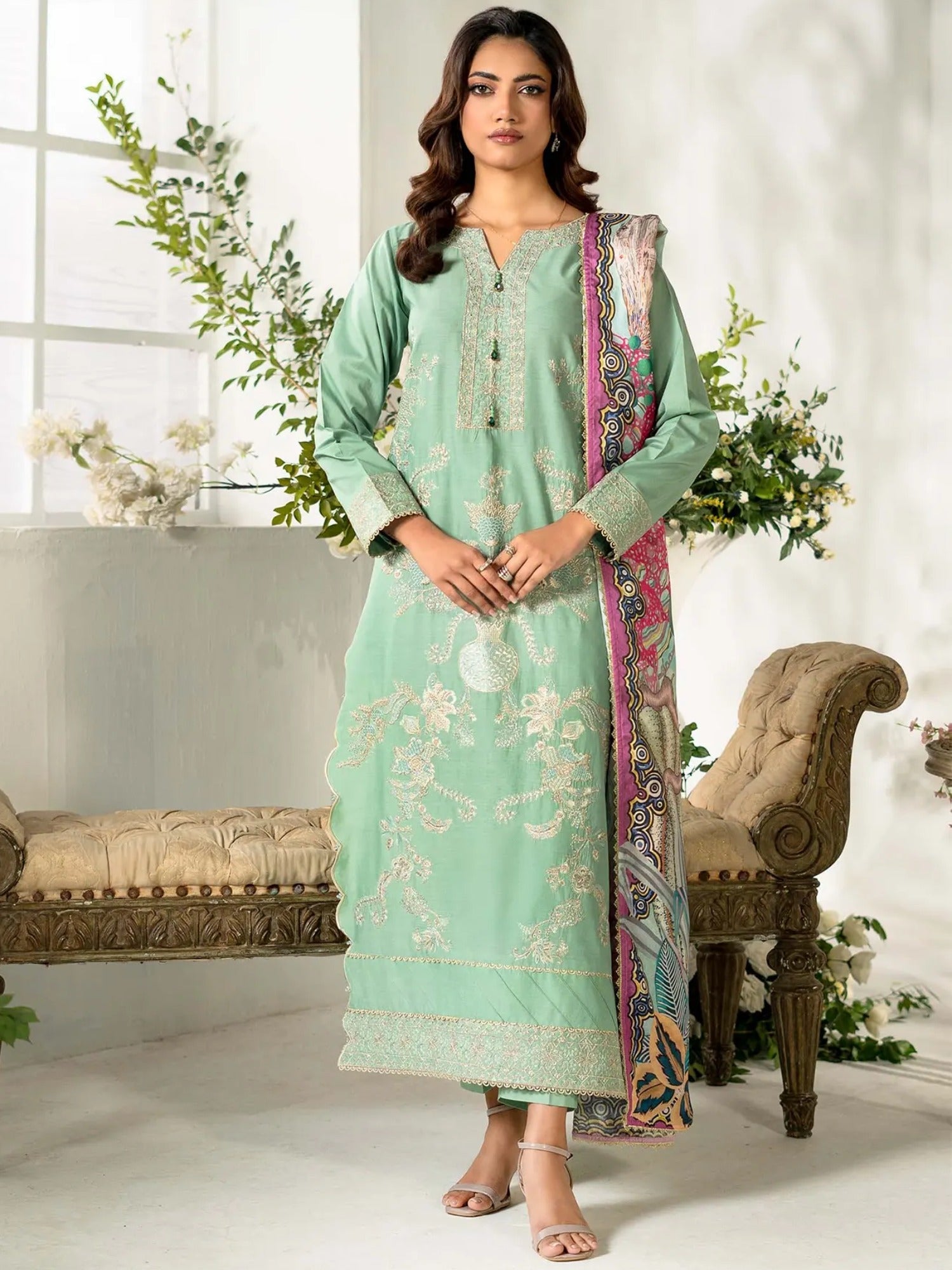Green-Rabazka Lawn Embroidered Unstitched 3-Piece Suit-WUS-DELW-3P-S26-08