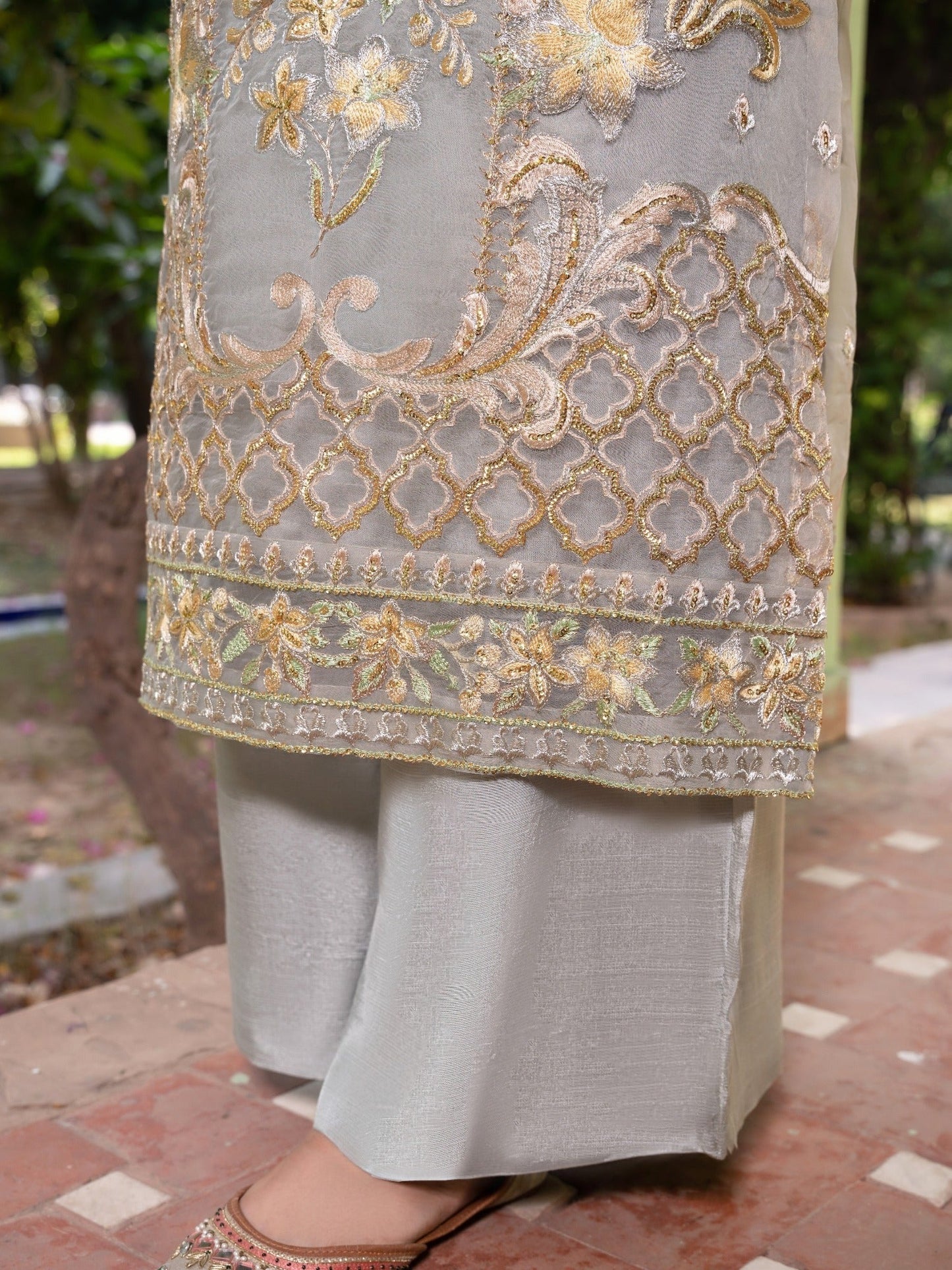 Grey-HEM Organza Embroidered Stitched 4-Piece Suit-Quill Grey