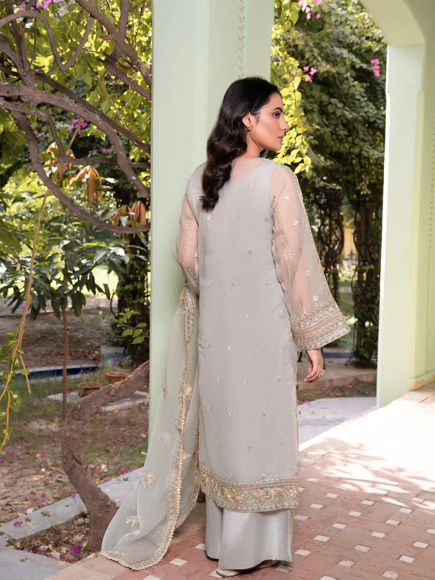 Grey-HEM Organza Embroidered Stitched 4-Piece Suit-Quill Grey