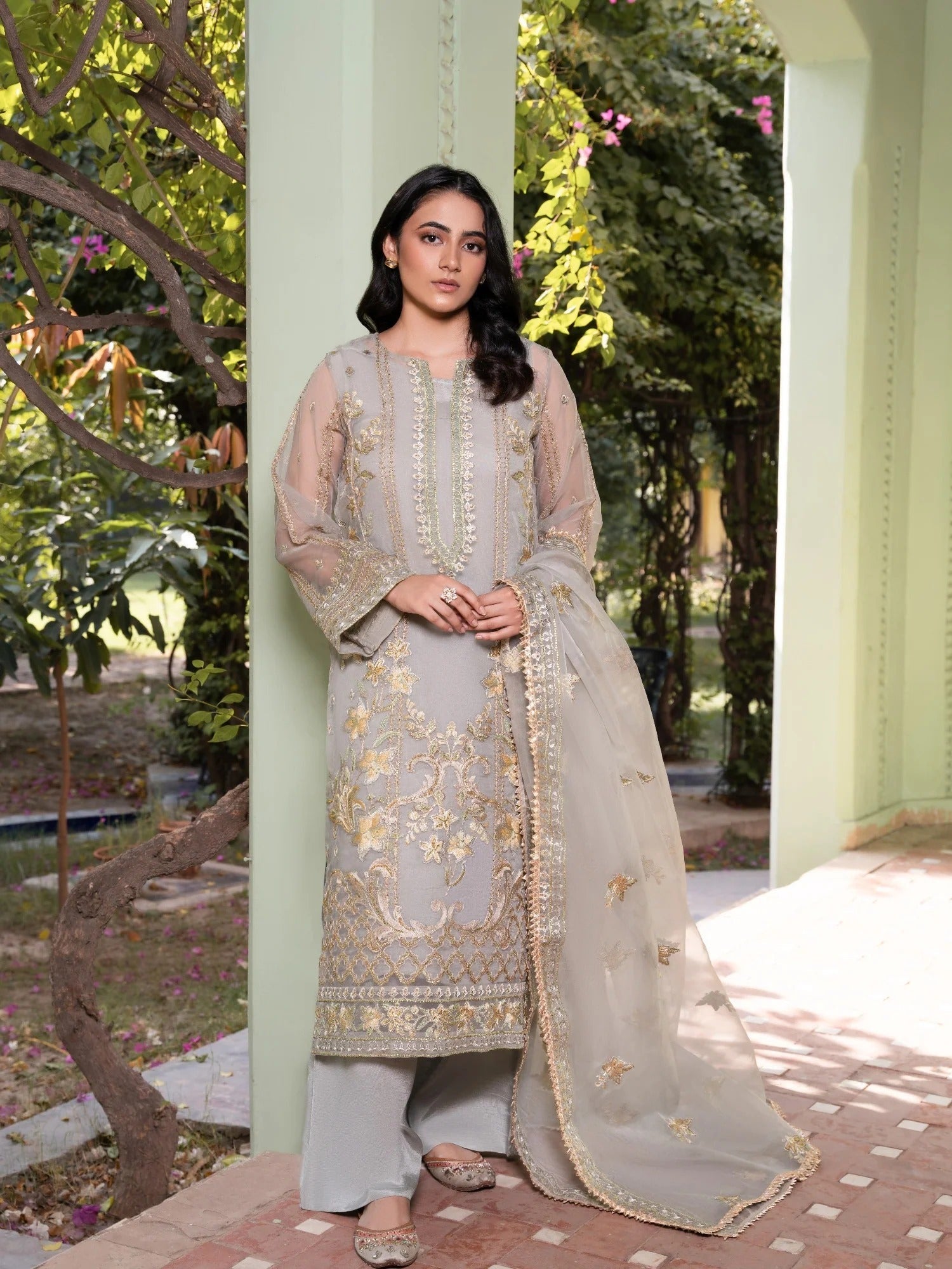 Grey-HEM Organza Embroidered Stitched 4-Piece Suit-Quill Grey