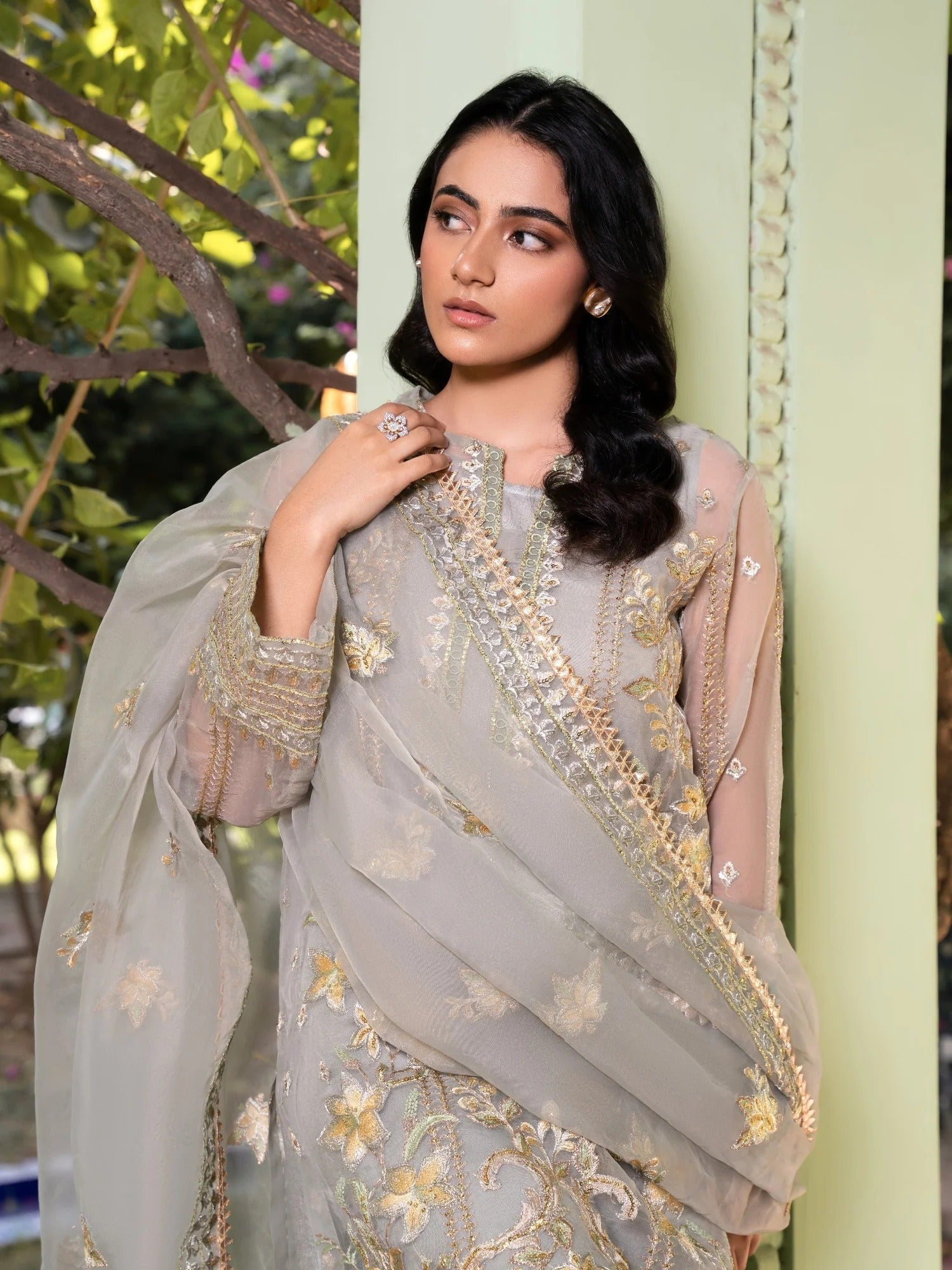 Grey-HEM Organza Embroidered Stitched 4-Piece Suit-Quill Grey