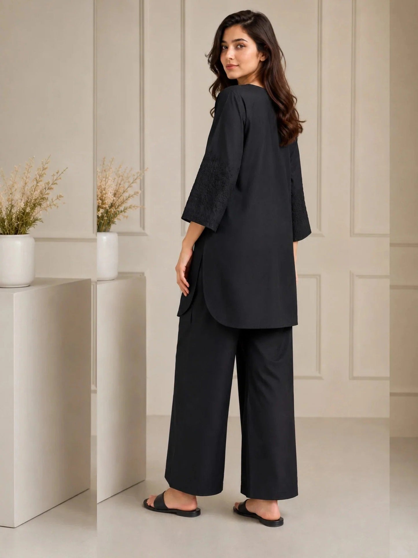 Black-HEM Cotton Embroidered Stitched 3-Piece Suit-Black Kurta Set