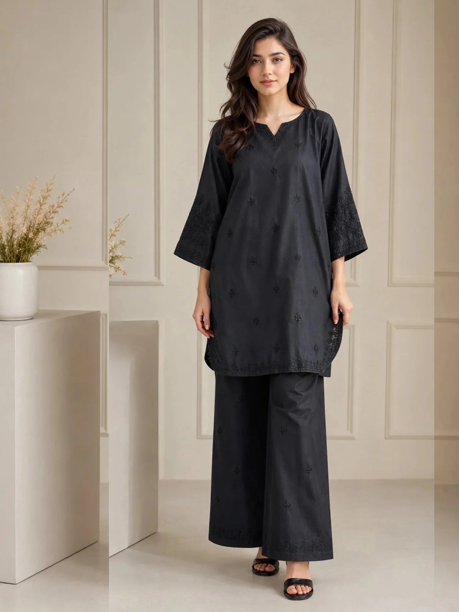 Black-HEM Cotton Embroidered Stitched 3-Piece Suit-Black Kurta Set