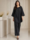 Black-HEM Cotton Embroidered Stitched 3-Piece Suit-Black Kurta Set