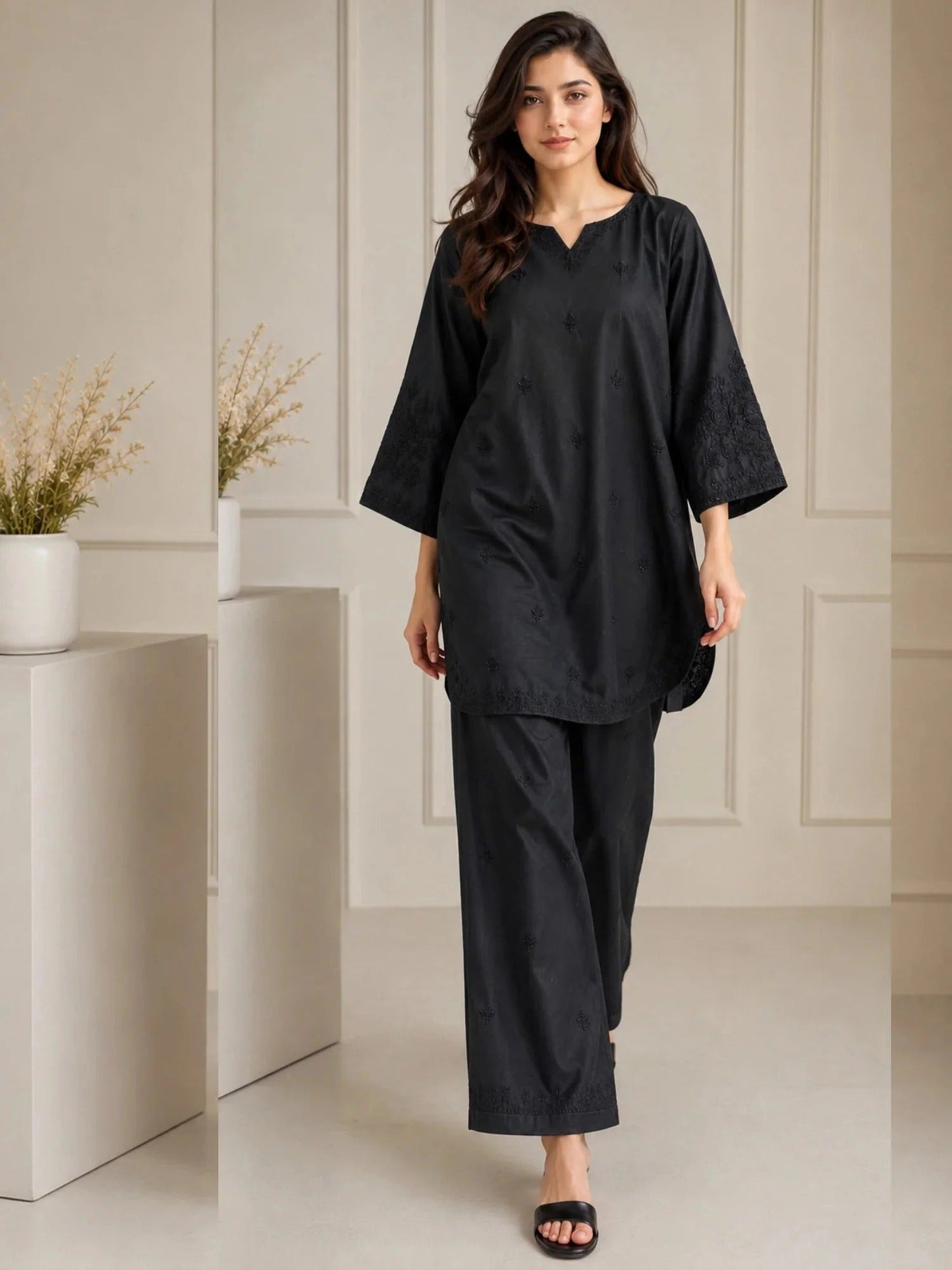 Black-HEM Cotton Embroidered Stitched 3-Piece Suit-Black Kurta Set