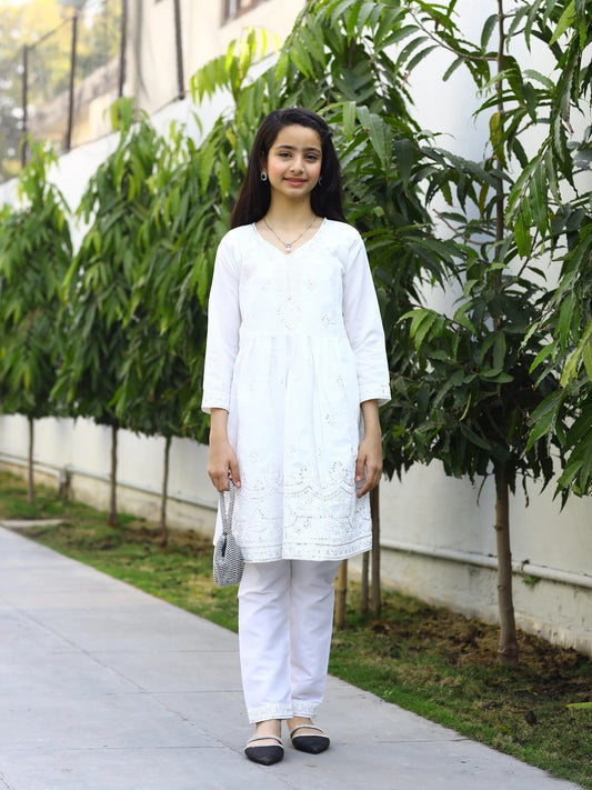 White-Lumira Cotton Karandi Embroidered Stitched 2-Piece Suit-Ayeza