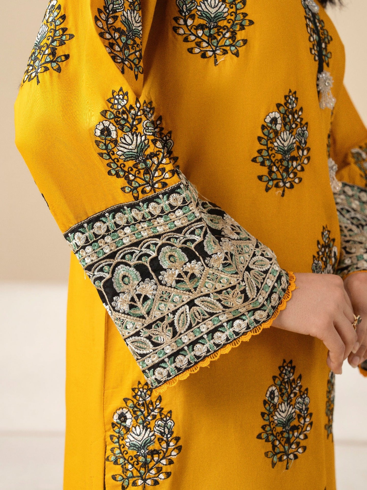 Yellow Black Stylish Collection Mahani Lawn Embroidered Stitched 2-Piece Suit-Powder Mist