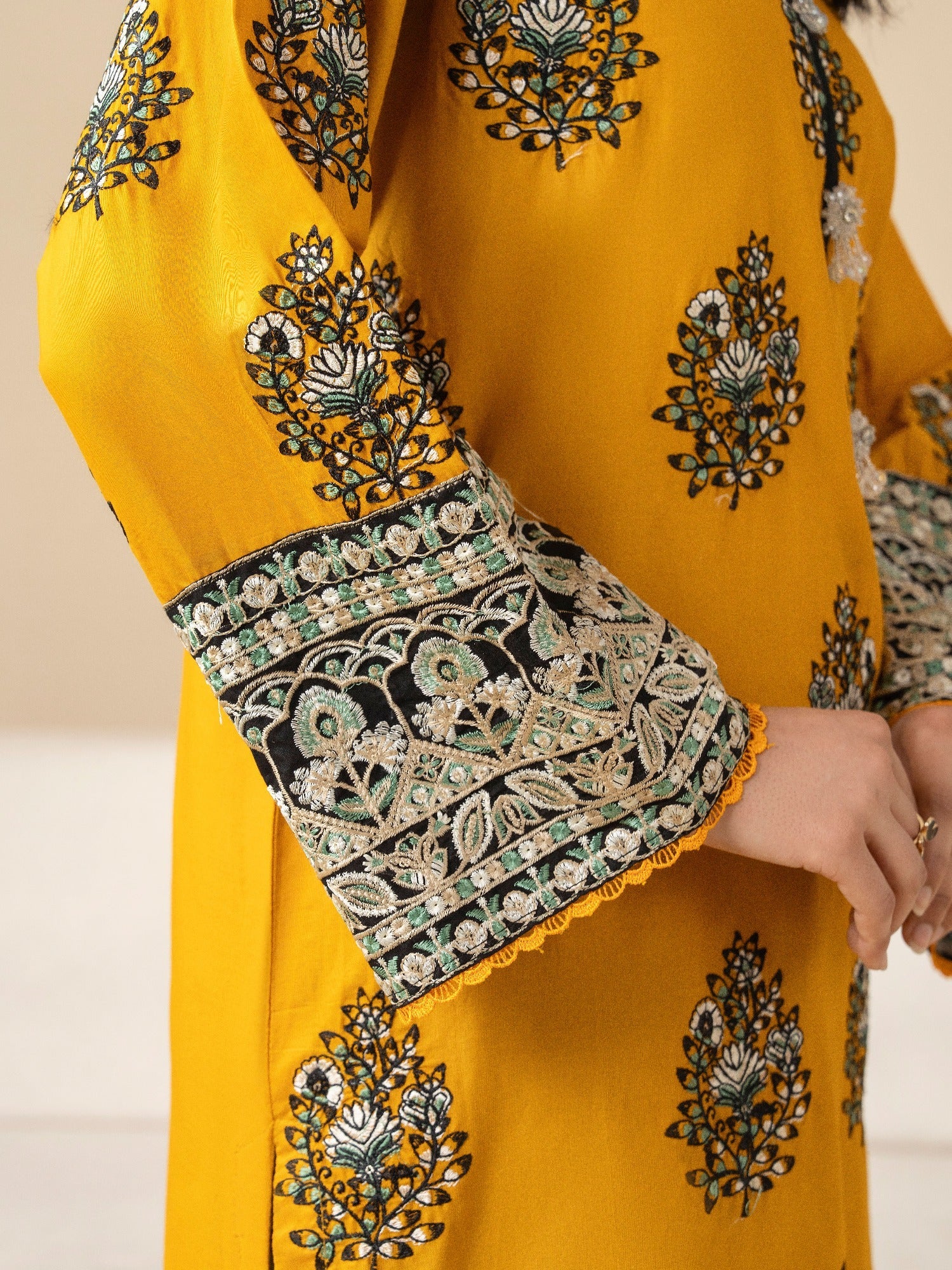 Yellow Black Stylish Collection Mahani Lawn Embroidered Stitched 2-Piece Suit-Powder Mist