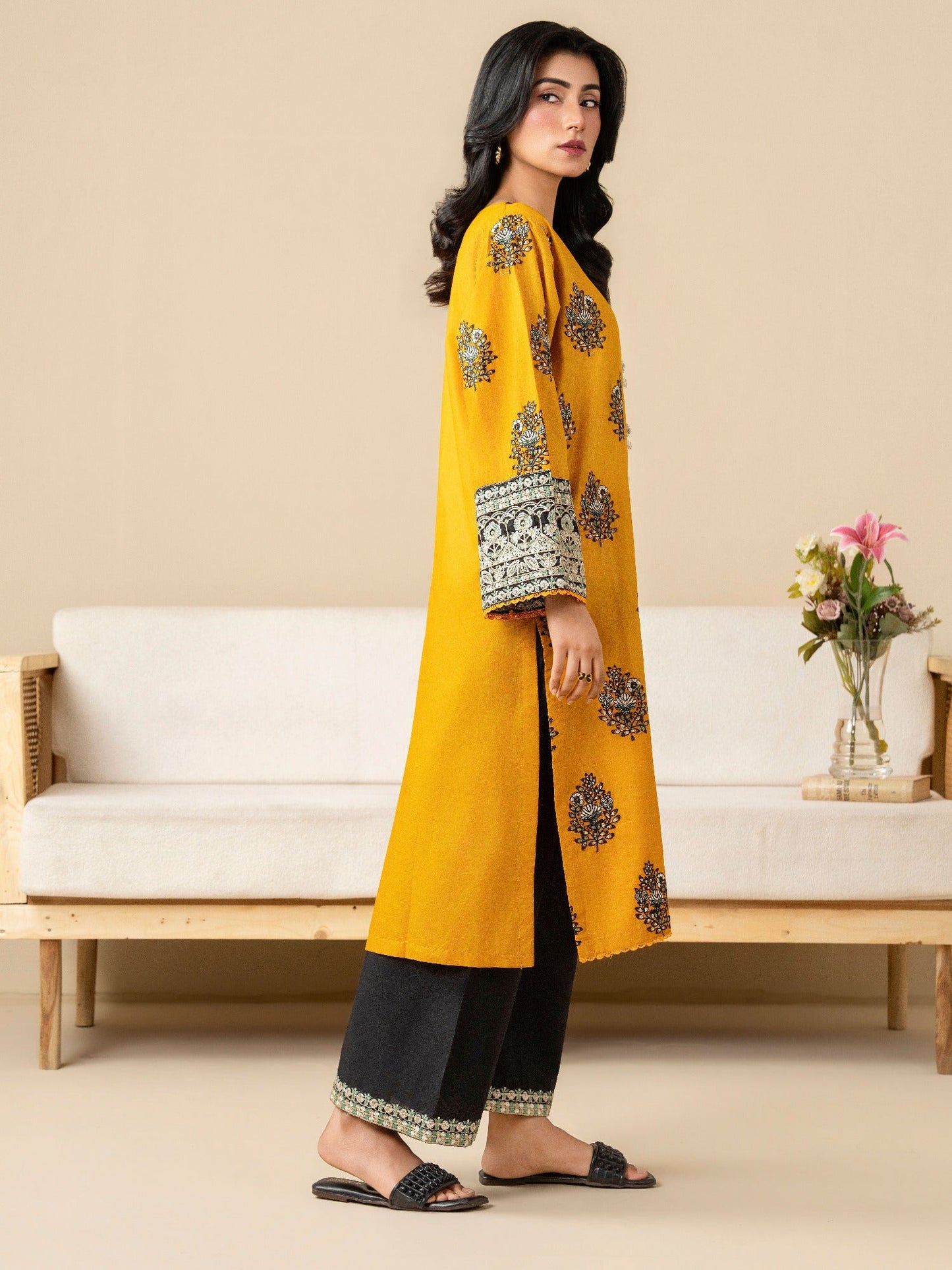 Yellow Black Stylish Collection Mahani Lawn Embroidered Stitched 2-Piece Suit-Powder Mist