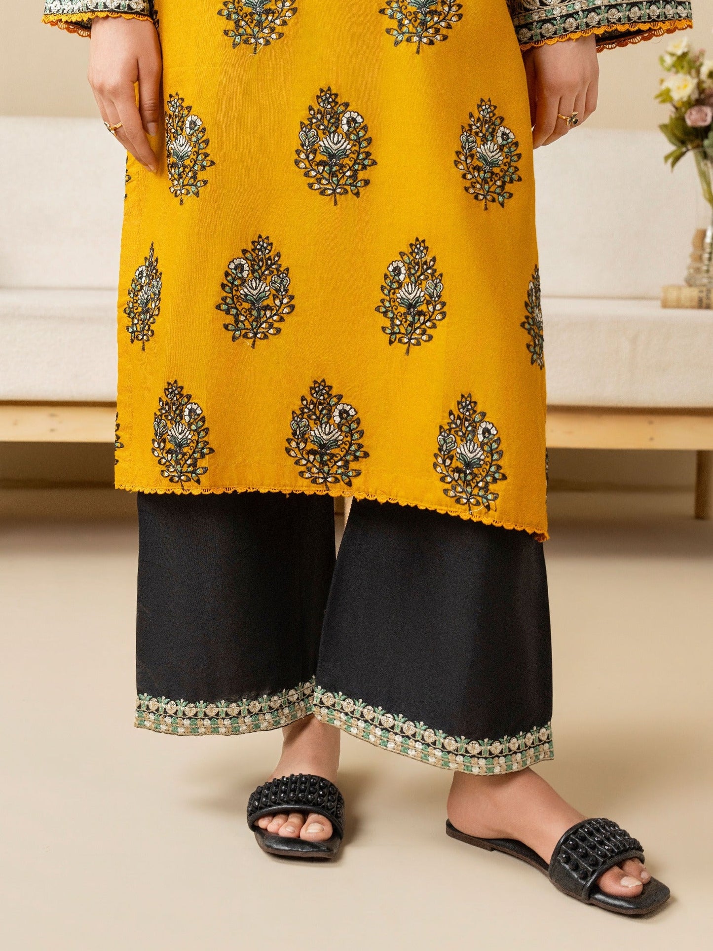 Yellow Black Stylish Collection Mahani Lawn Embroidered Stitched 2-Piece Suit-Powder Mist