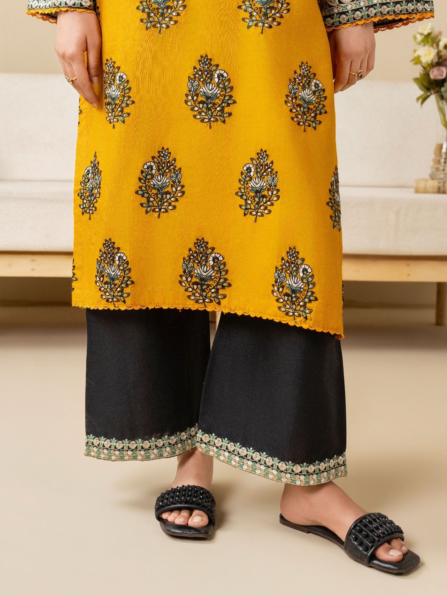 Yellow Black Stylish Collection Mahani Lawn Embroidered Stitched 2-Piece Suit-Powder Mist