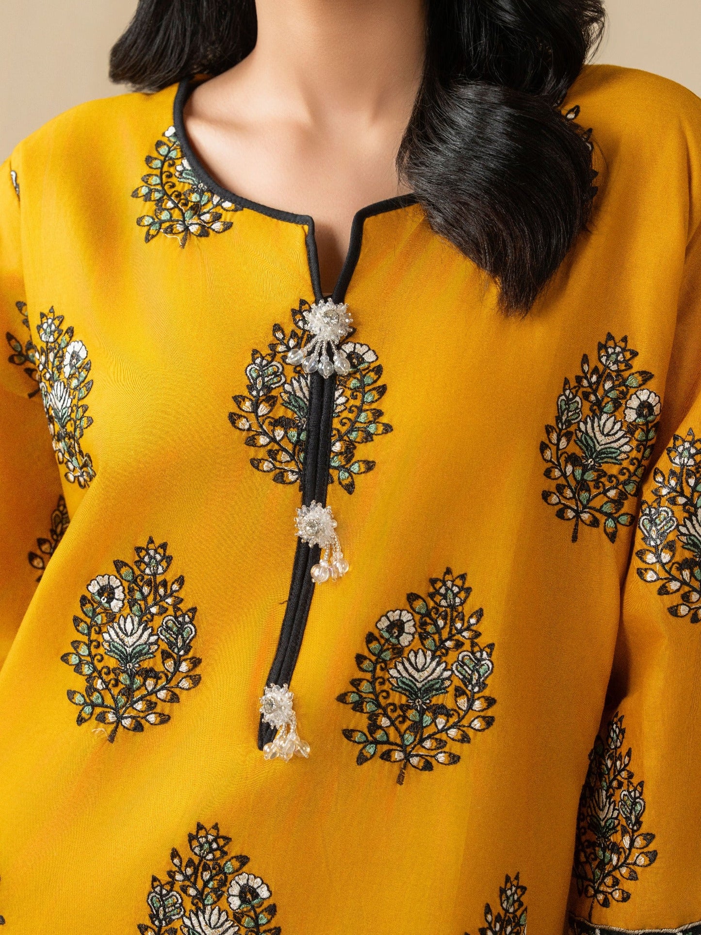 Yellow Black Stylish Collection Mahani Lawn Embroidered Stitched 2-Piece Suit-Powder Mist