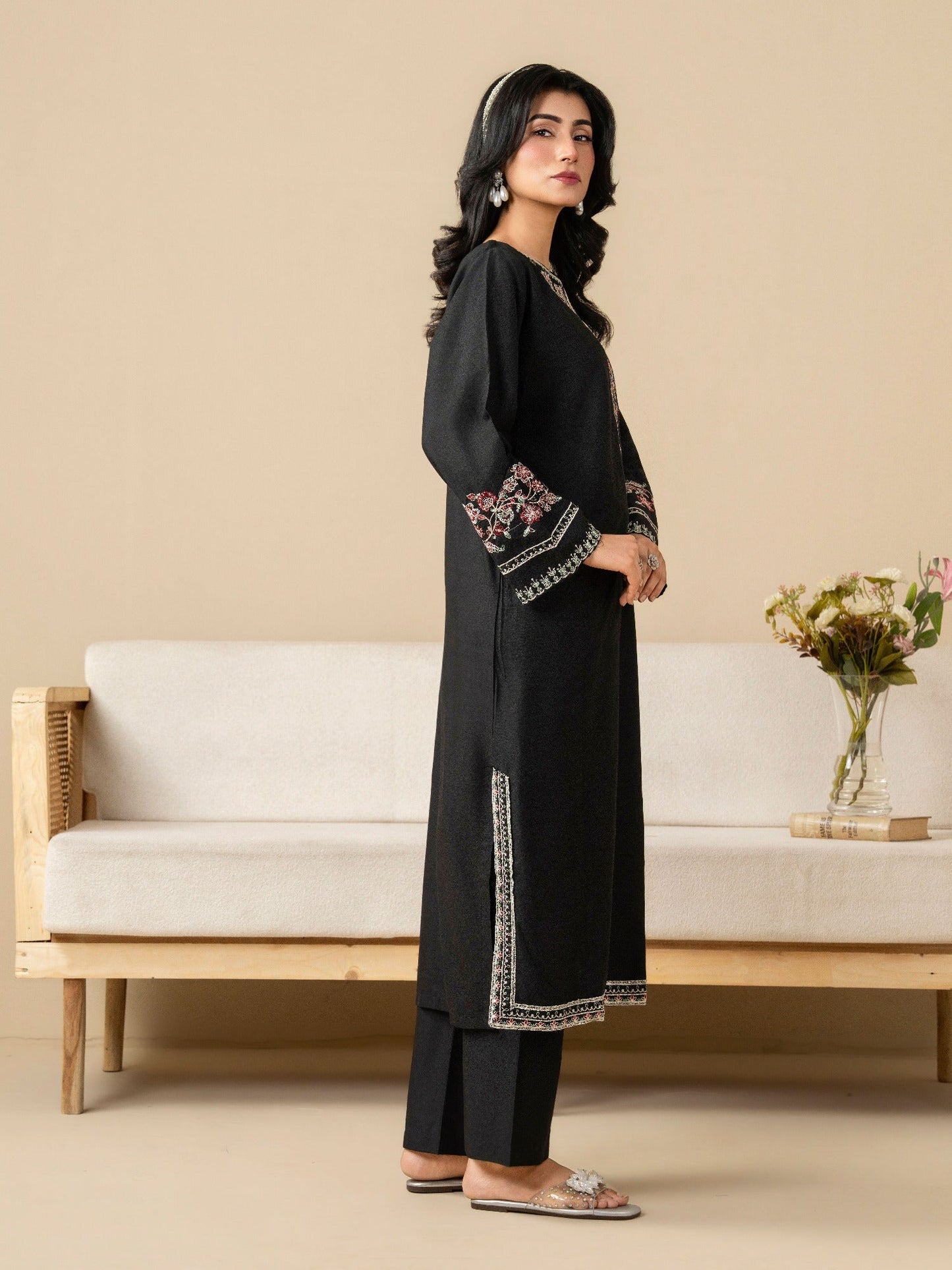 Black Stylish Collection Mahani Linen Embroidered Stitched 2-Piece Suit-Midnight