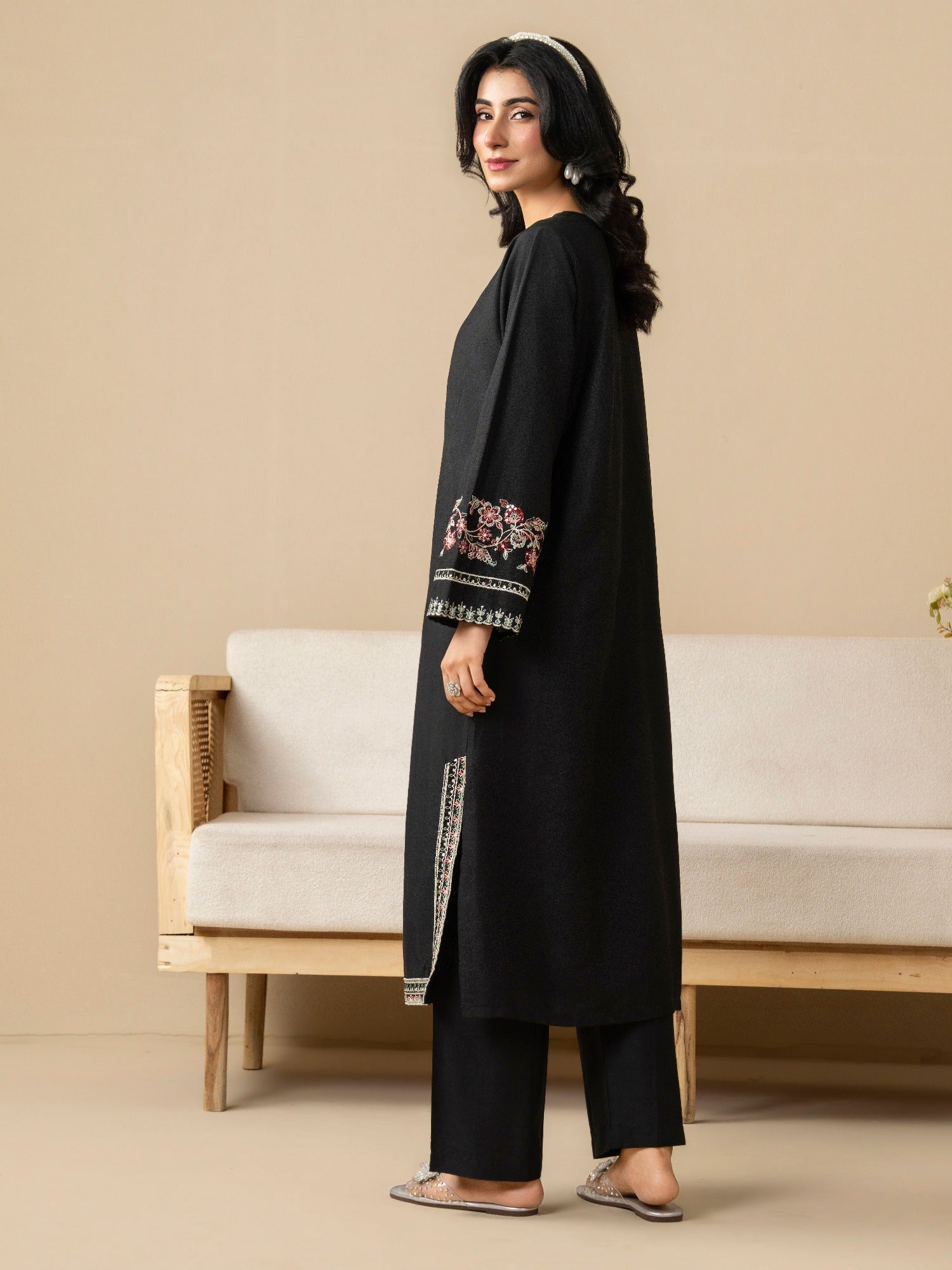 Black Stylish Collection Mahani Linen Embroidered Stitched 2-Piece Suit-Midnight