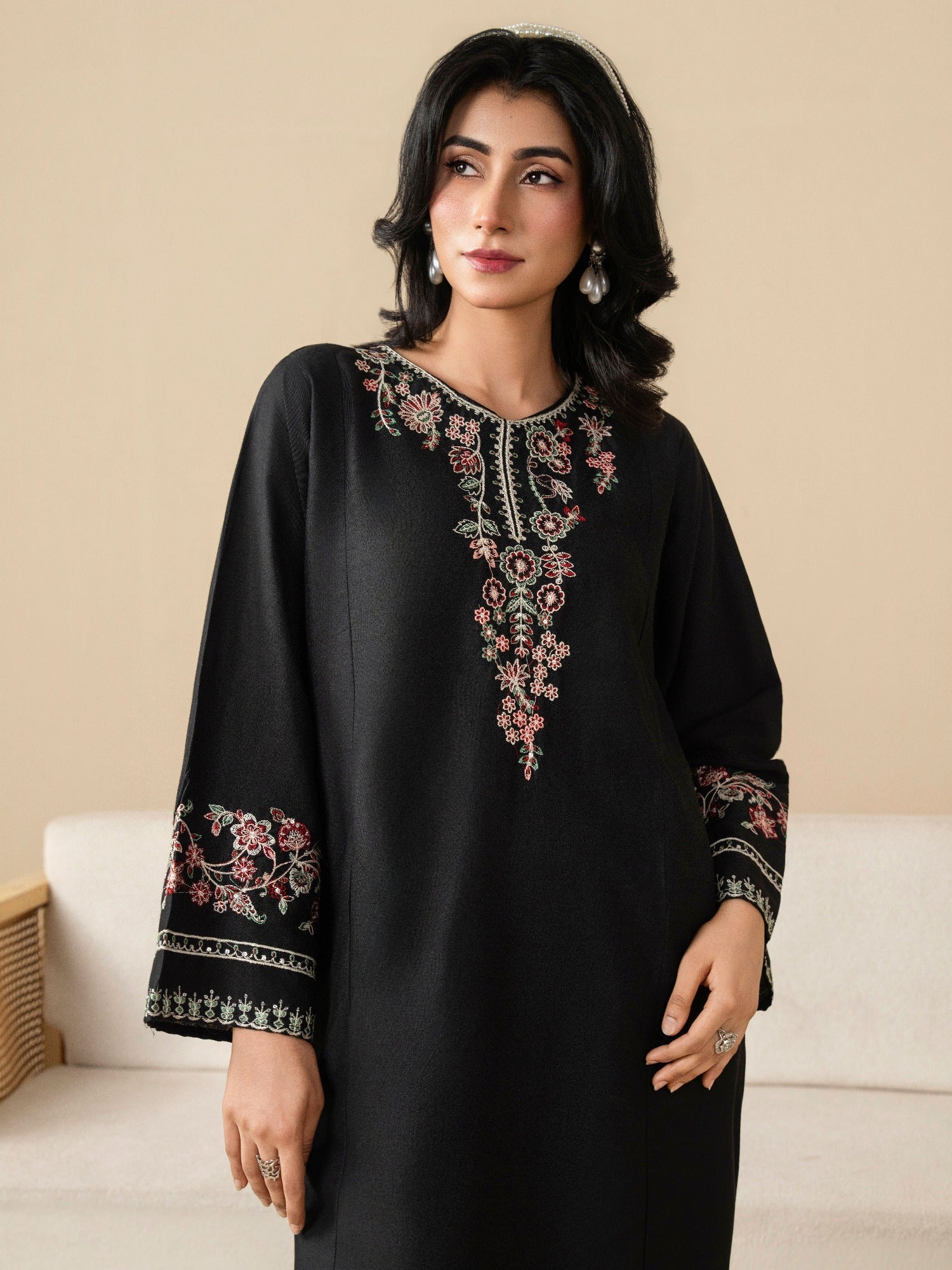 Black Stylish Collection Mahani Linen Embroidered Stitched 2-Piece Suit-Midnight