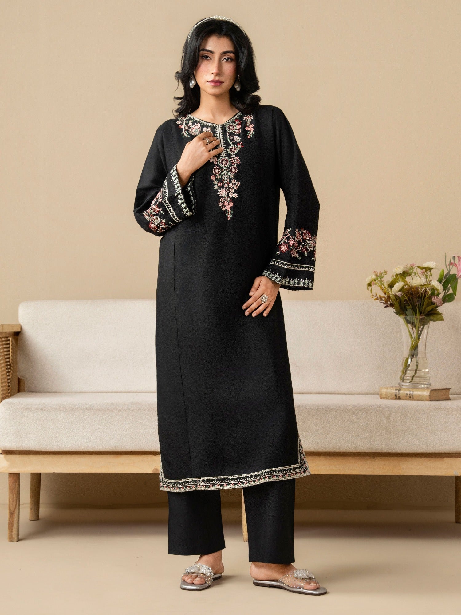 Black Stylish Collection Mahani Linen Embroidered Stitched 2-Piece Suit-Midnight