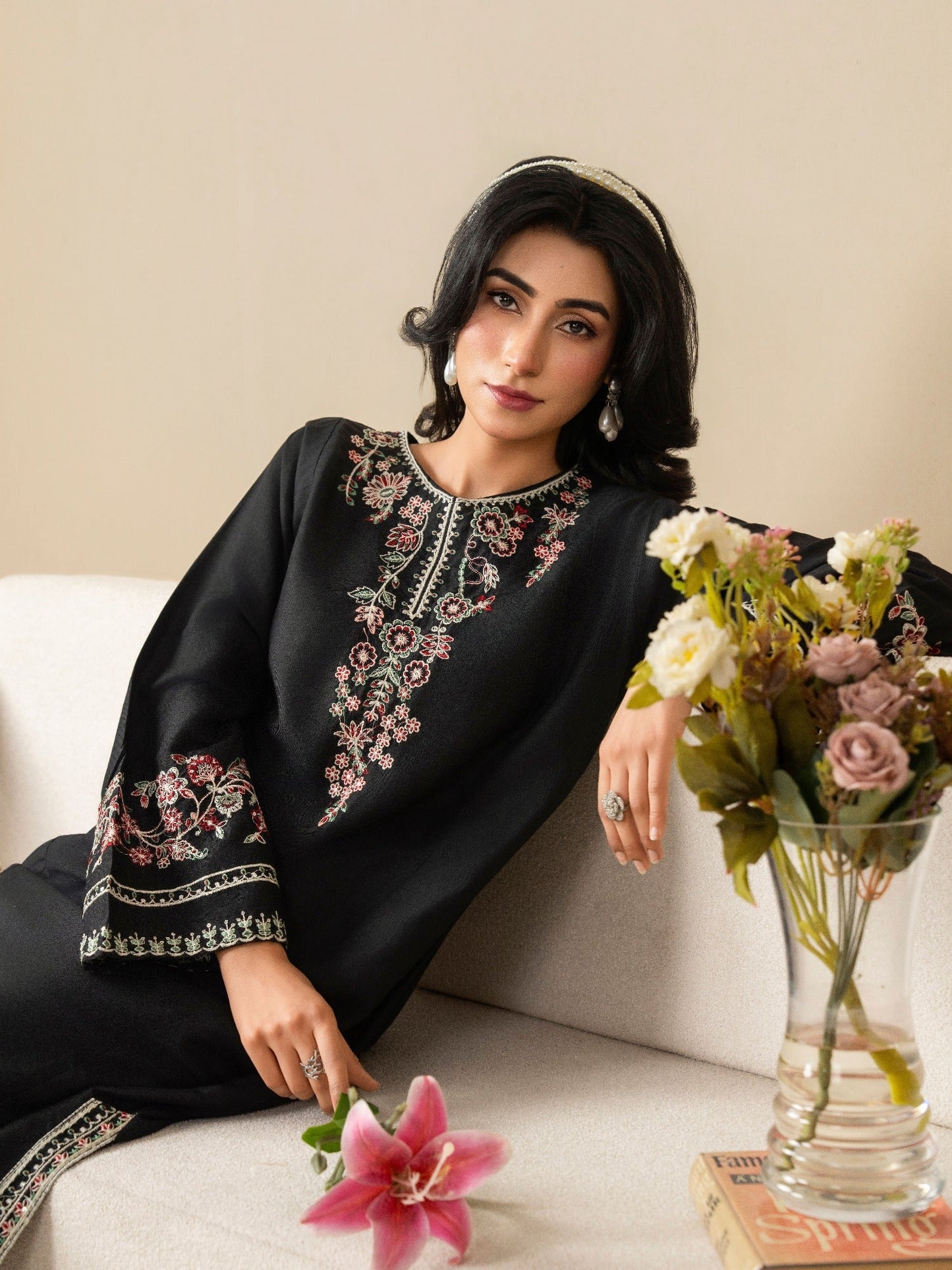 Black Stylish Collection Mahani Linen Embroidered Stitched 2-Piece Suit-Midnight