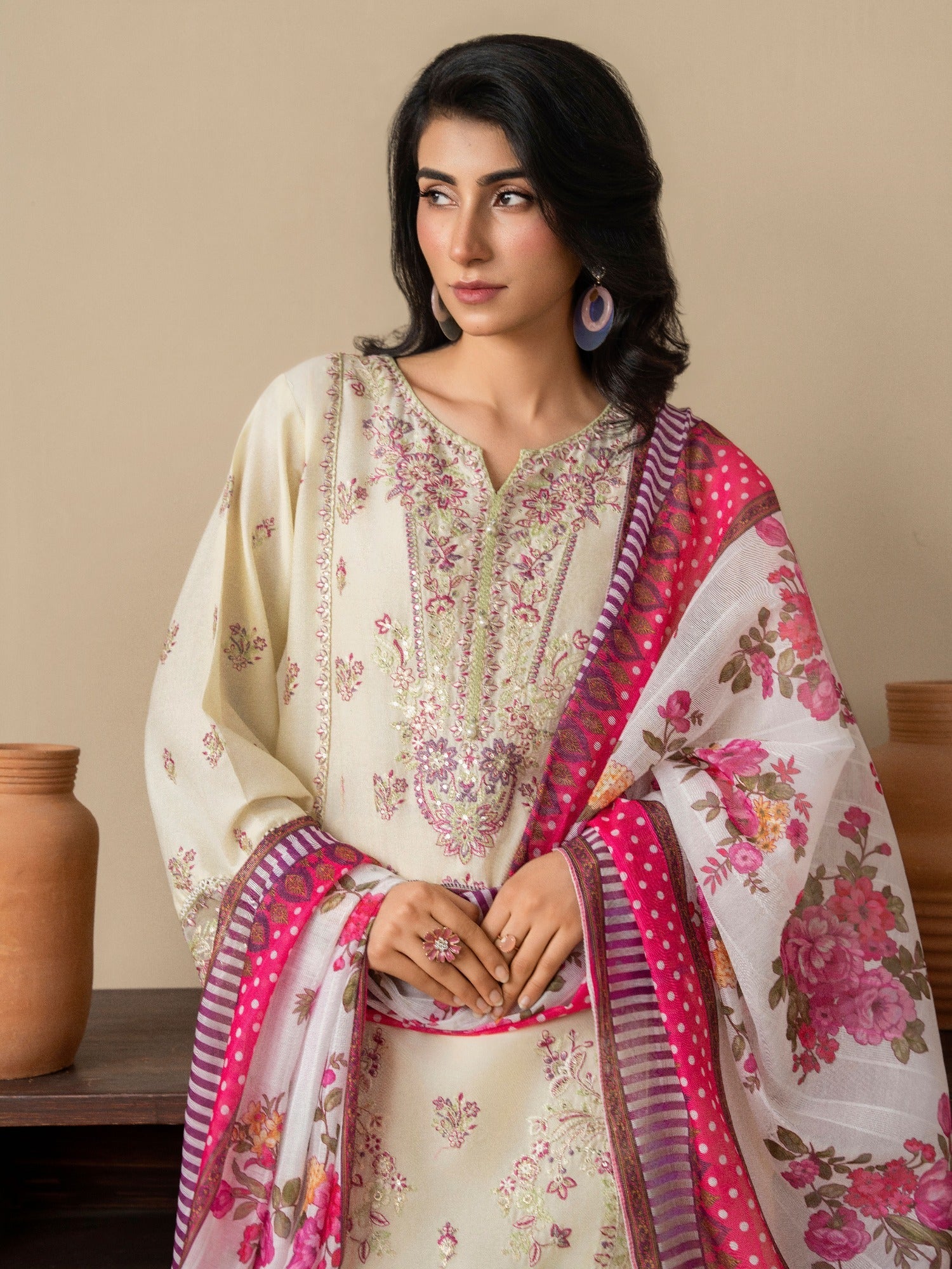 Cream Stylish Collection Mahani Lawn Embroidered Stitched 3-Piece Suit-Rosa