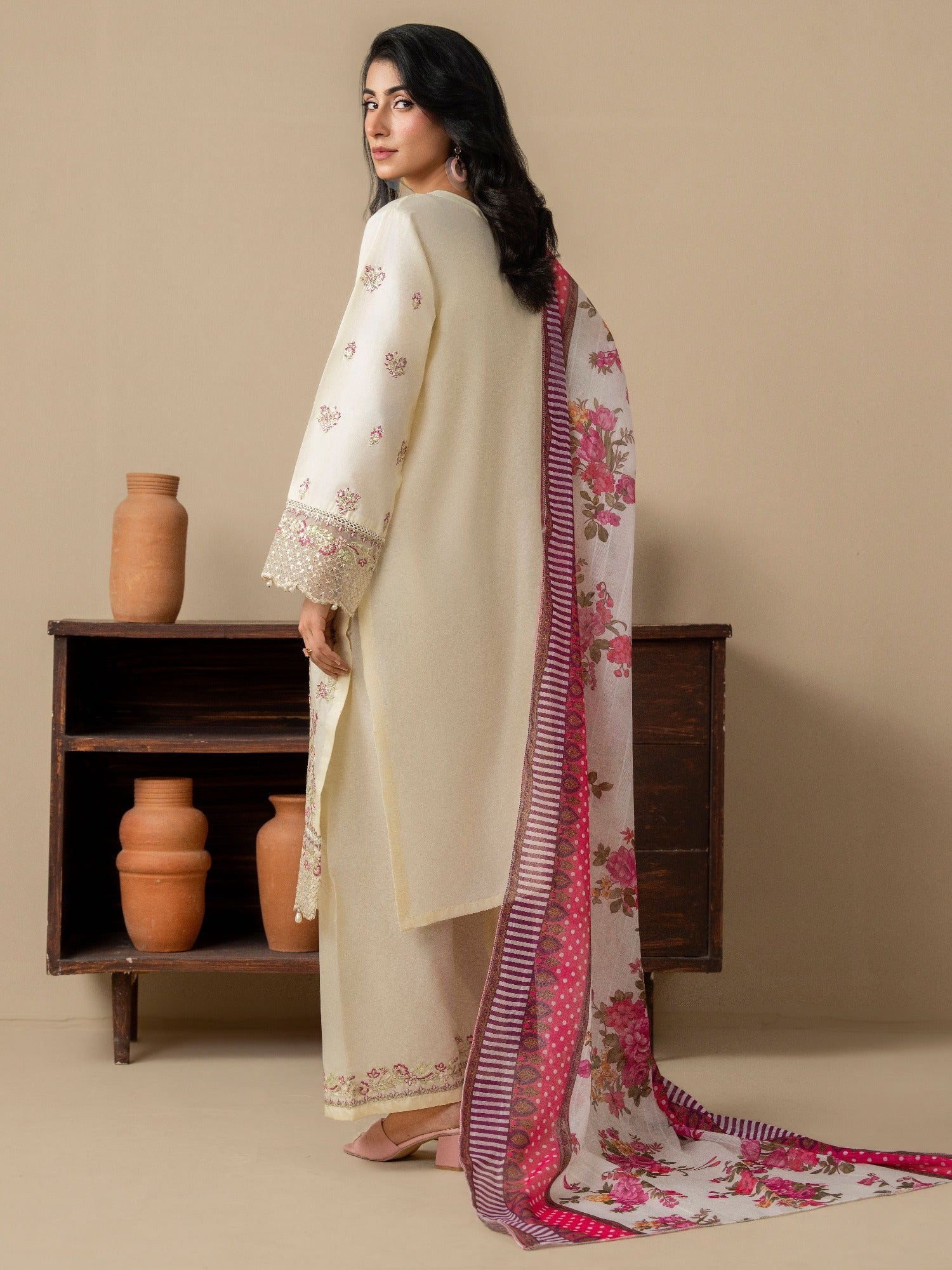 Cream Stylish Collection Mahani Lawn Embroidered Stitched 3-Piece Suit-Rosa