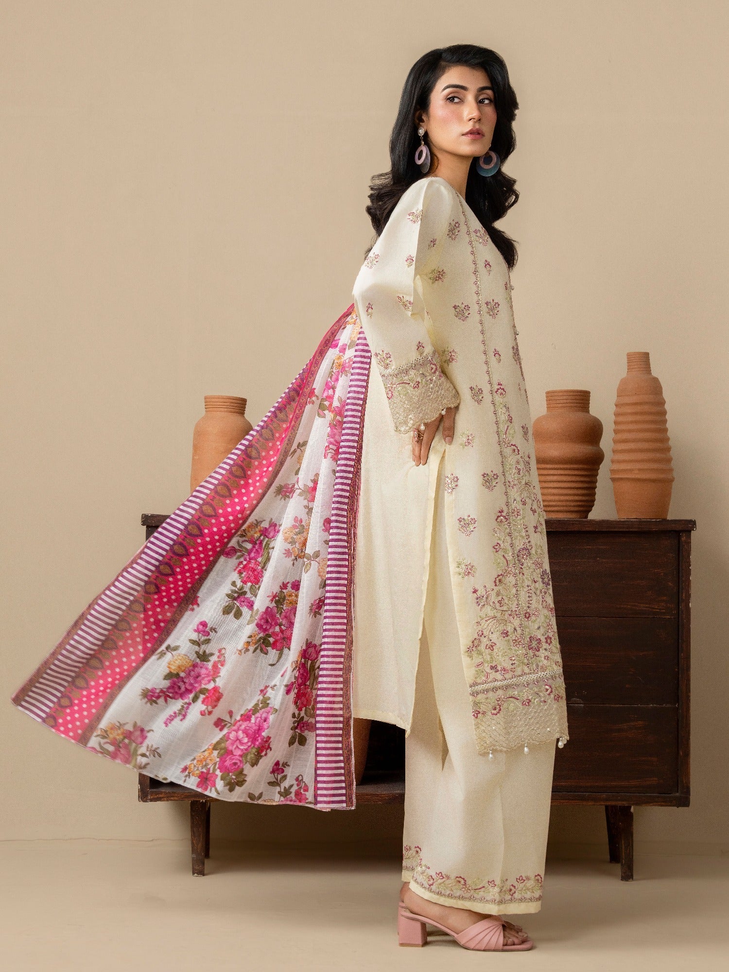 Cream Stylish Collection Mahani Lawn Embroidered Stitched 3-Piece Suit-Rosa