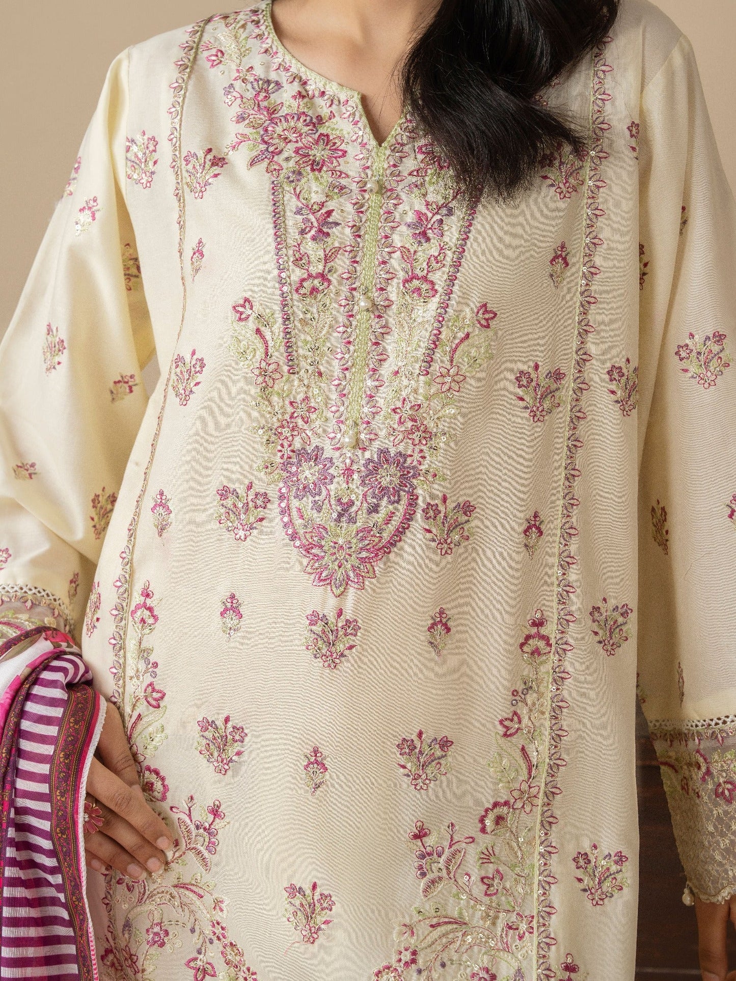 Cream Stylish Collection Mahani Lawn Embroidered Stitched 3-Piece Suit-Rosa