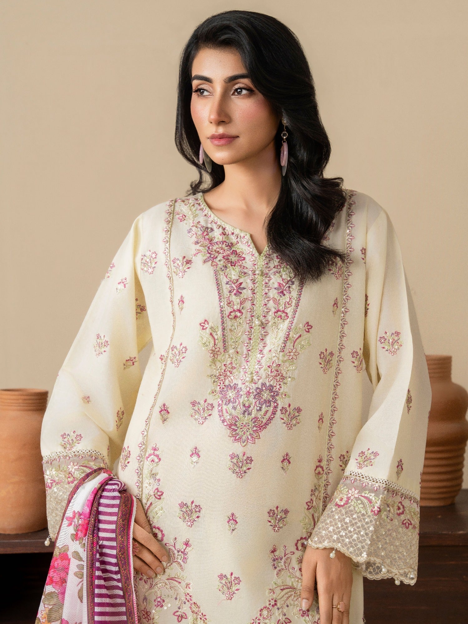 Cream Stylish Collection Mahani Lawn Embroidered Stitched 3-Piece Suit-Rosa