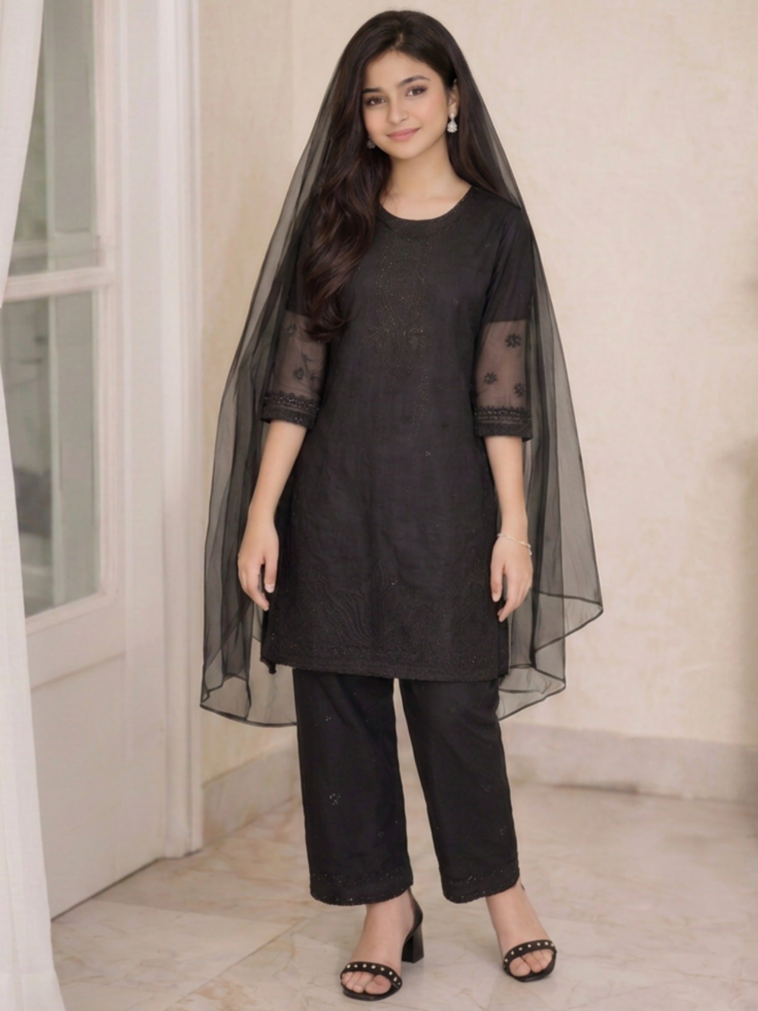 Black-Lumira Organza Embroidered Stitched 3-Piece Suit-Abroo