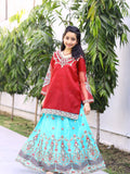 Red and Blue-Lumira Organza Embroidered Lehenga-Amber