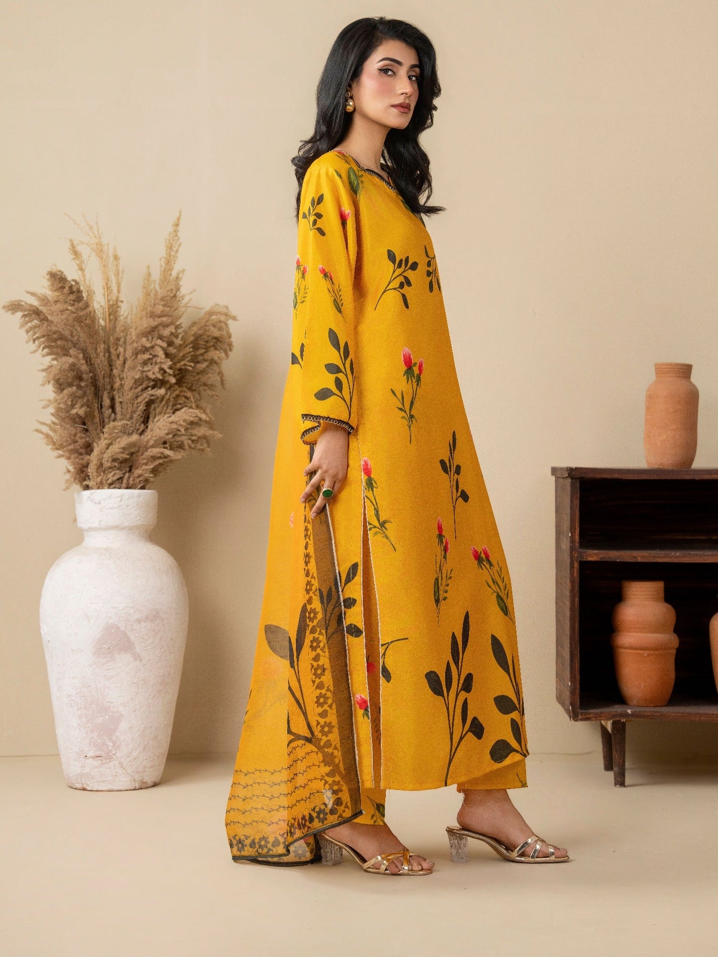 Yellow Stylish Collection Mahani Silk Grip Printed Stitched 3-Piece Suit-Marigold