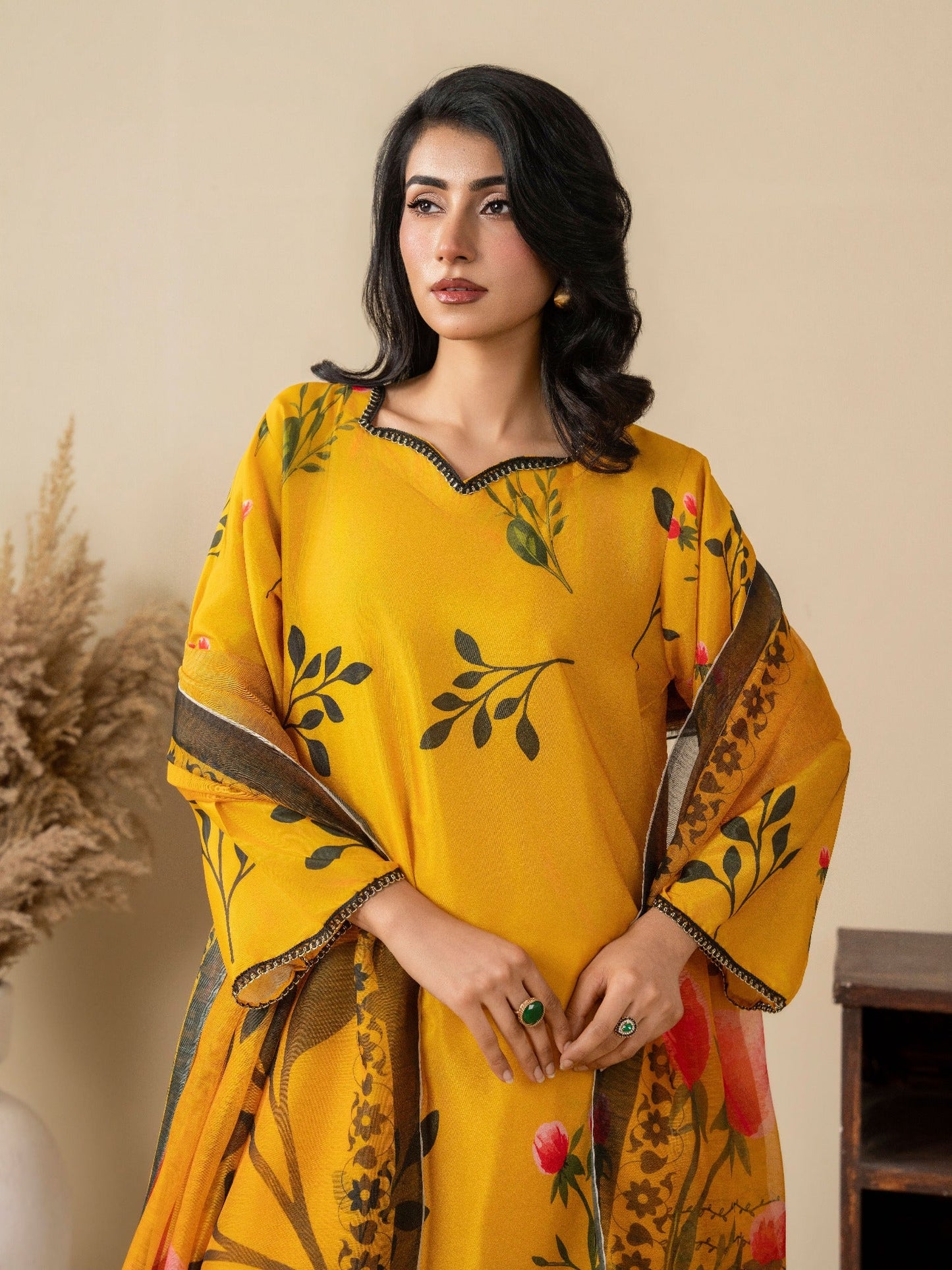 Yellow Stylish Collection Mahani Silk Grip Printed Stitched 3-Piece Suit-Marigold