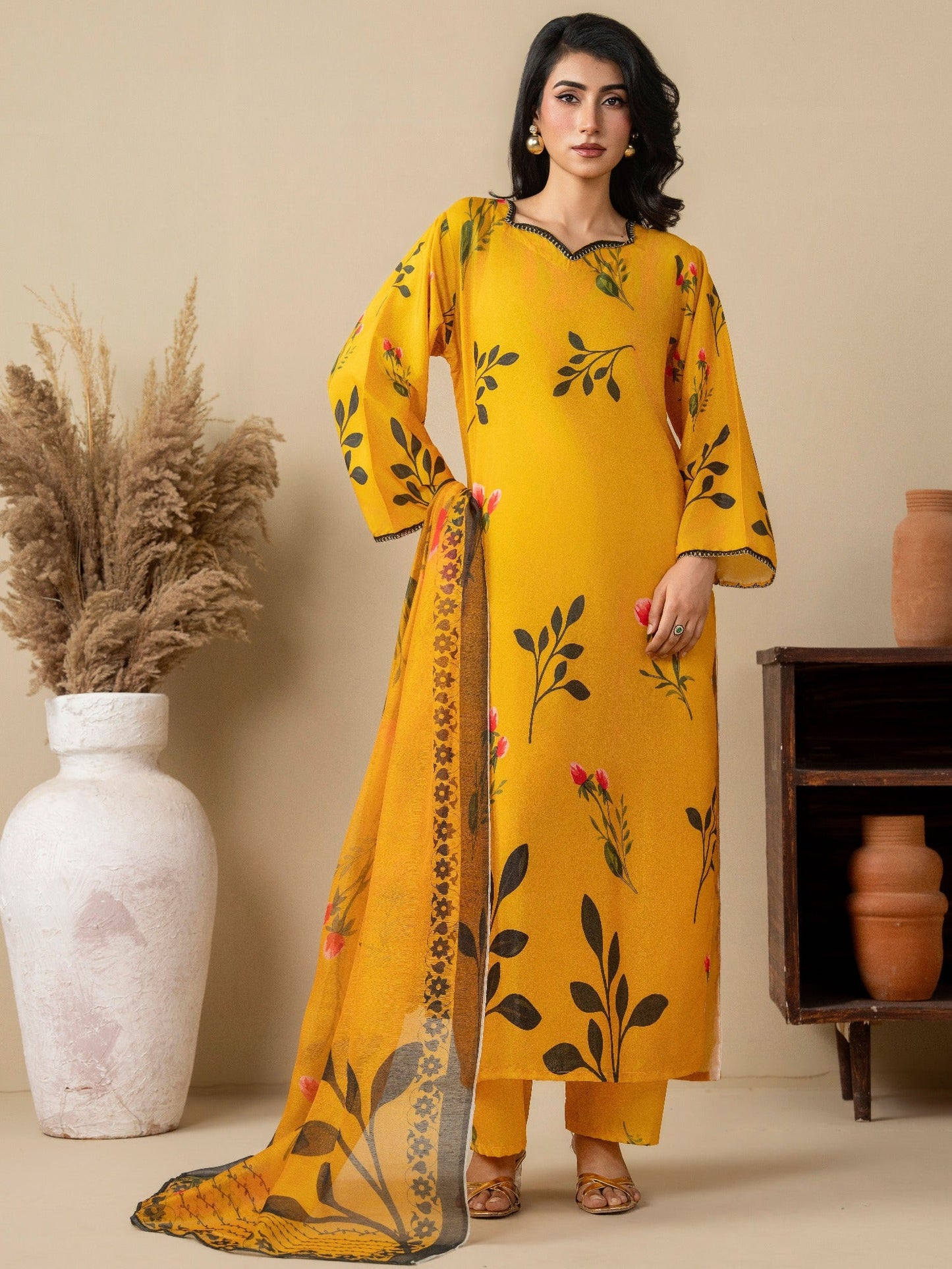 Yellow Stylish Collection Mahani Silk Grip Printed Stitched 3-Piece Suit-Marigold