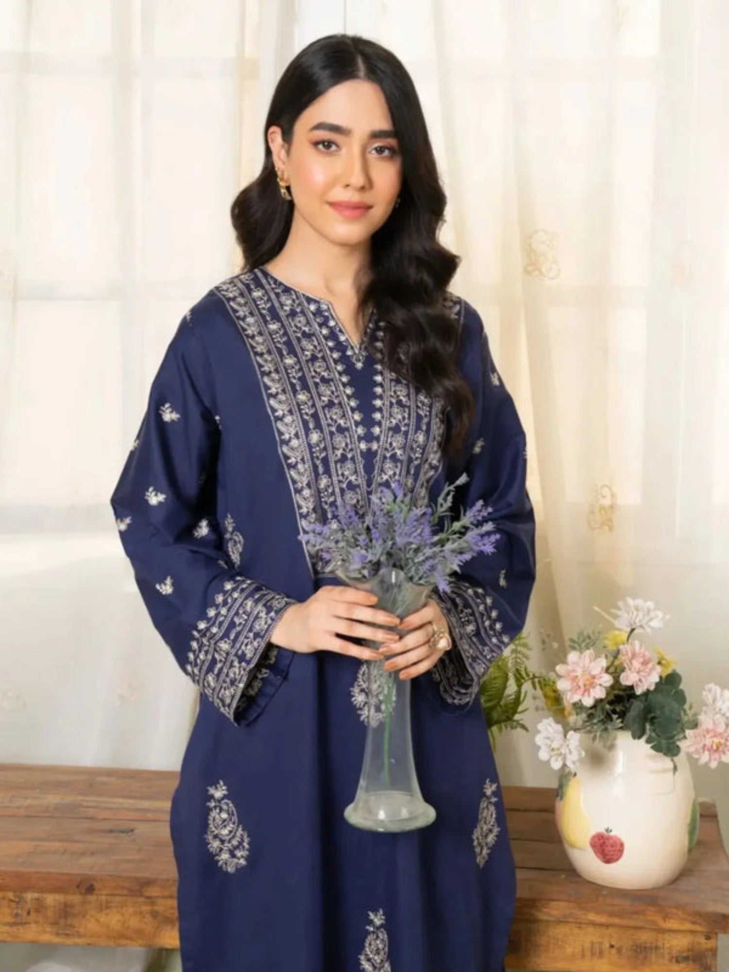 Blue-Ayat Closet Summer Linen Embroidered Stitched 2-Piece Suit-Royal Dusk