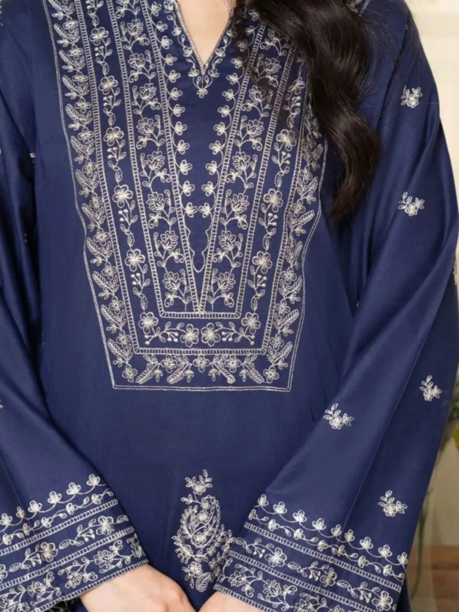Blue-Ayat Closet Summer Linen Embroidered Stitched 2-Piece Suit-Royal Dusk
