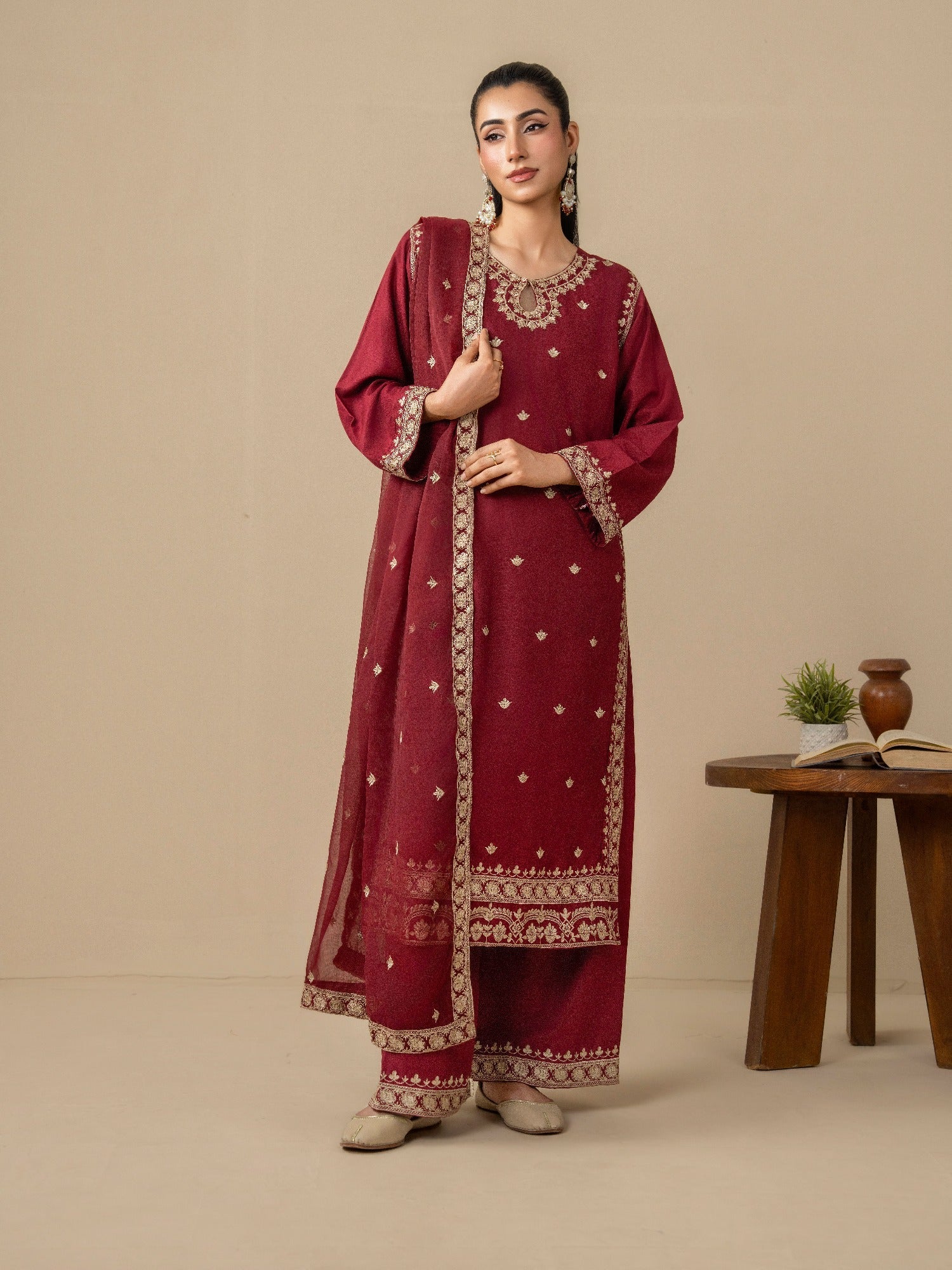 Maroon Stylish Collection Mahani Linen Embroidered Stitched 3-Piece Suit-Mushk