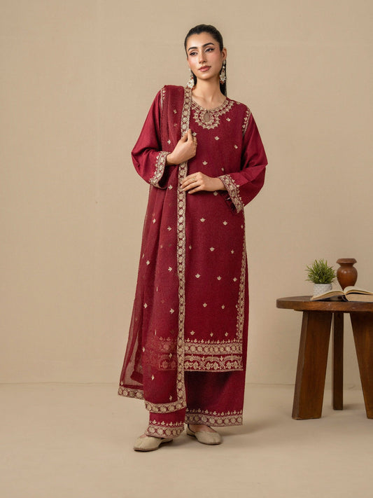 Maroon Stylish Collection Mahani Linen Embroidered Stitched 3-Piece Suit-Mushk