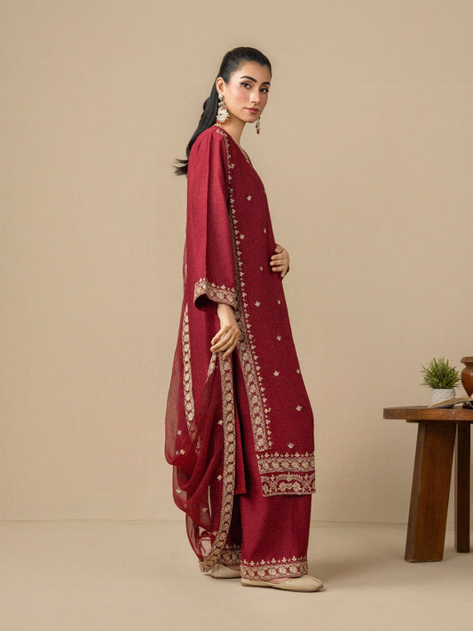 Maroon Stylish Collection Mahani Linen Embroidered Stitched 3-Piece Suit-Mushk