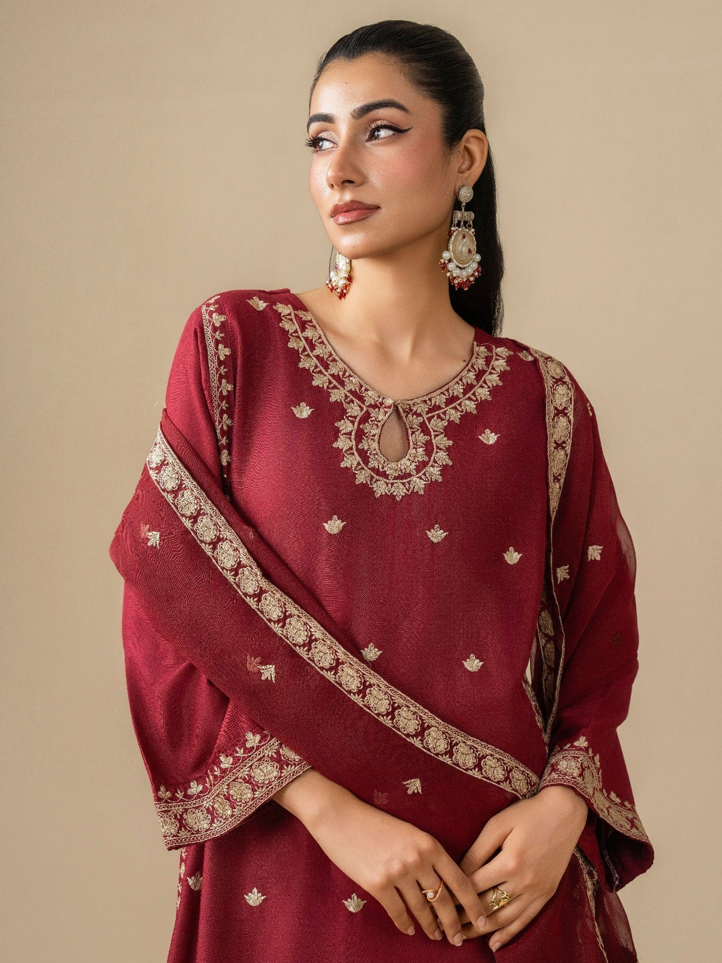 Maroon Stylish Collection Mahani Linen Embroidered Stitched 3-Piece Suit-Mushk