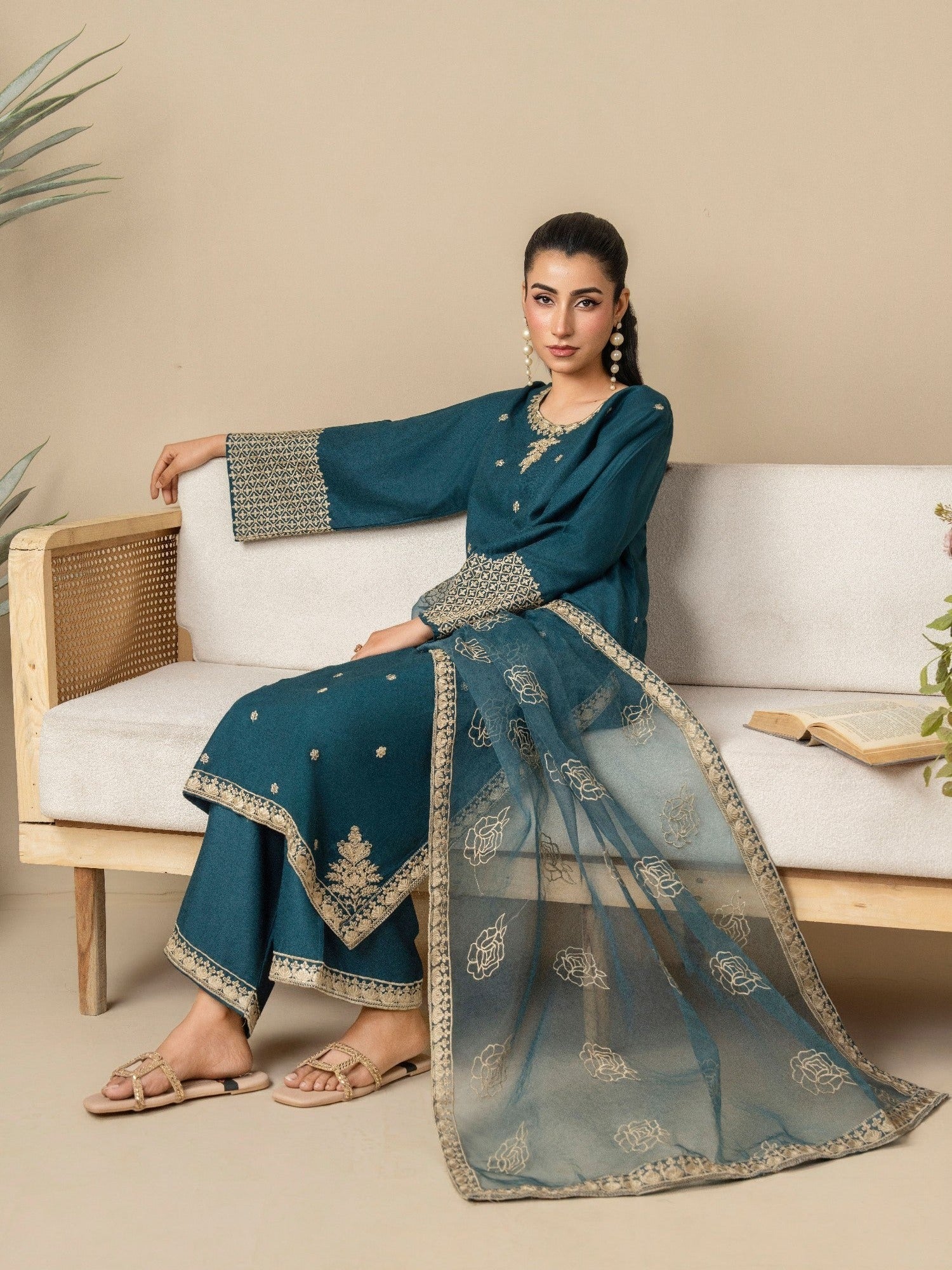 Cream Stylish Collection Mahani Lawn Embroidered Stitched 3-Piece Suit-Yasmeen