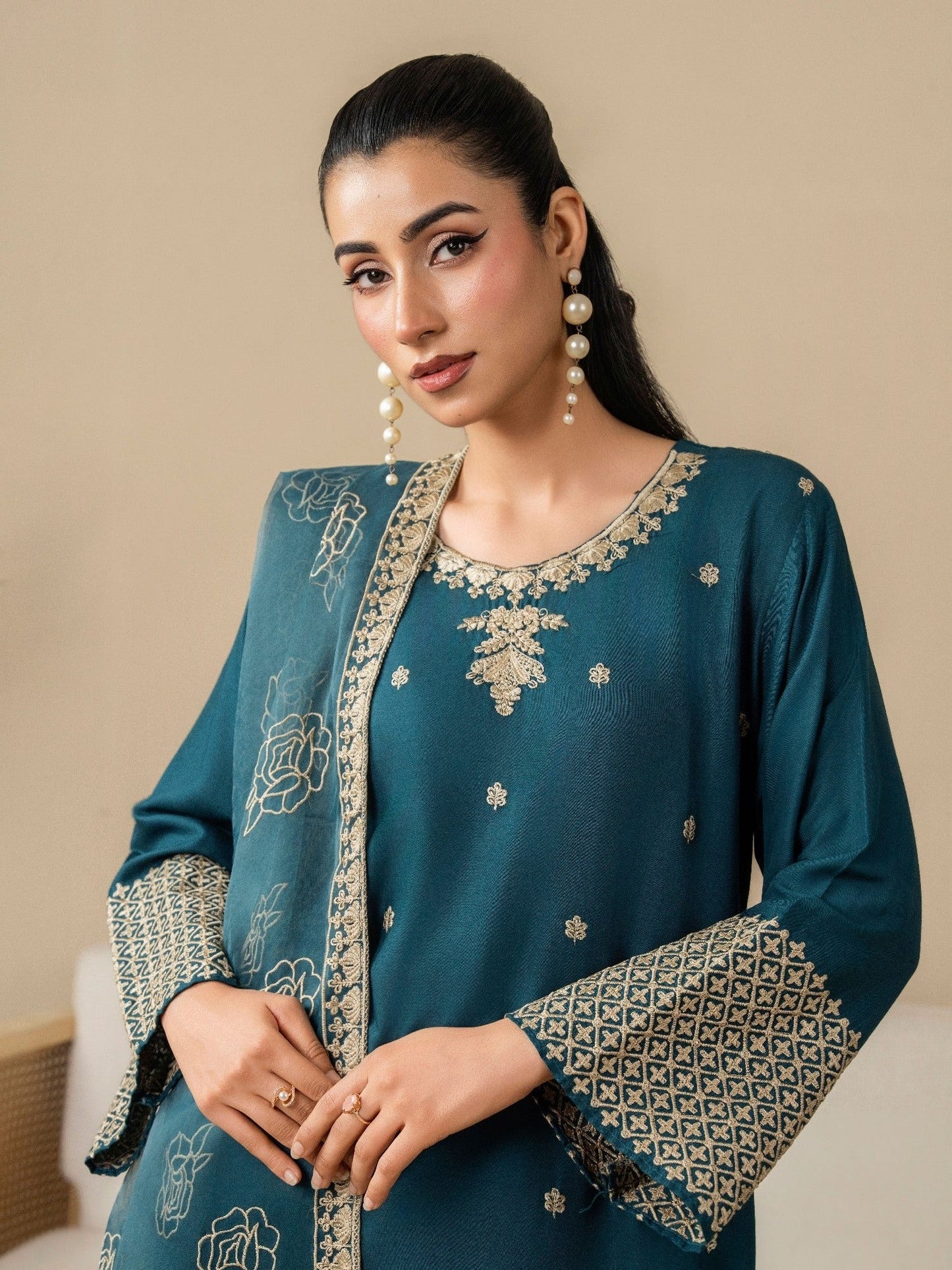 Cream Stylish Collection Mahani Lawn Embroidered Stitched 3-Piece Suit-Yasmeen