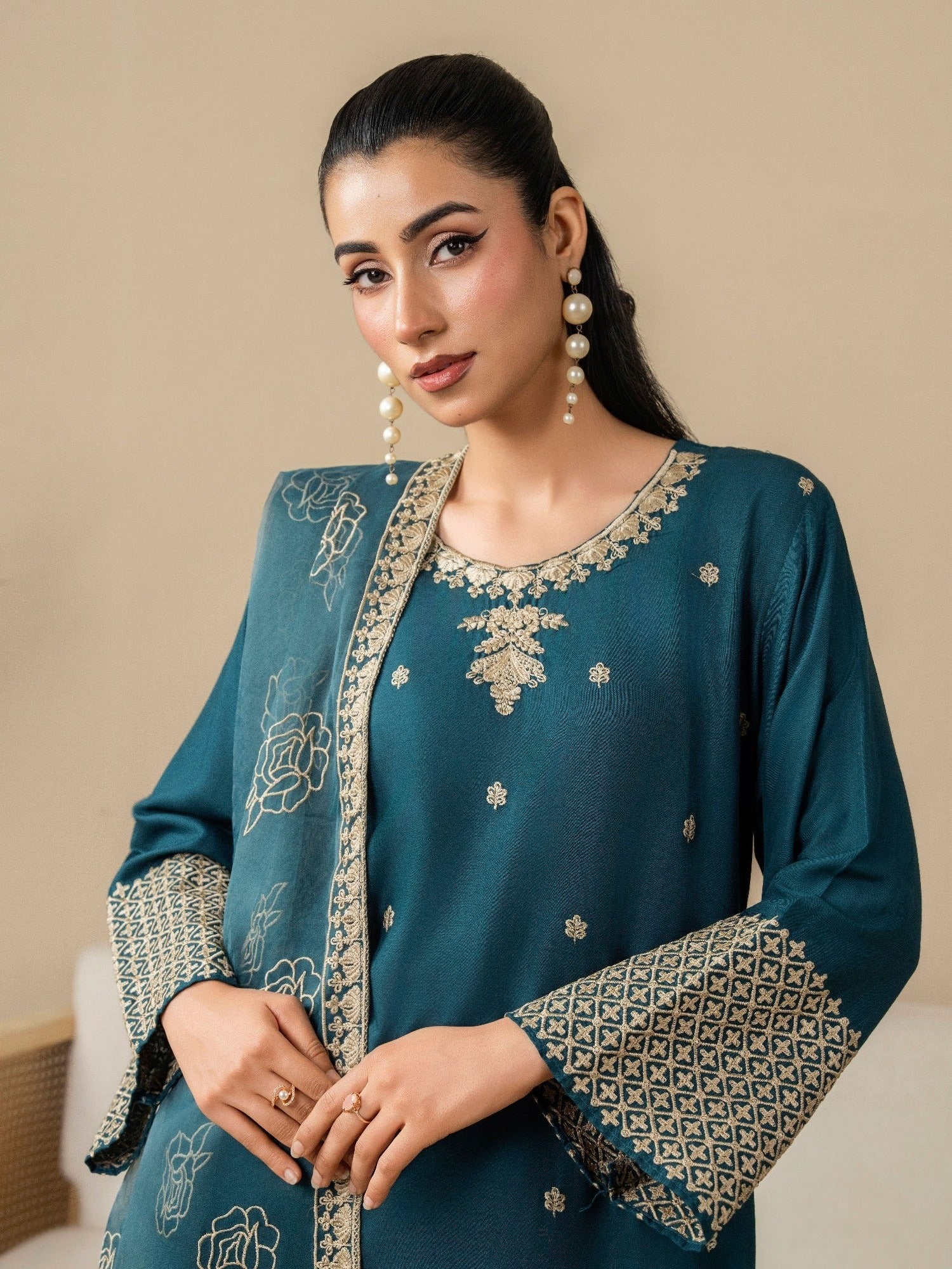 Cream Stylish Collection Mahani Lawn Embroidered Stitched 3-Piece Suit-Yasmeen