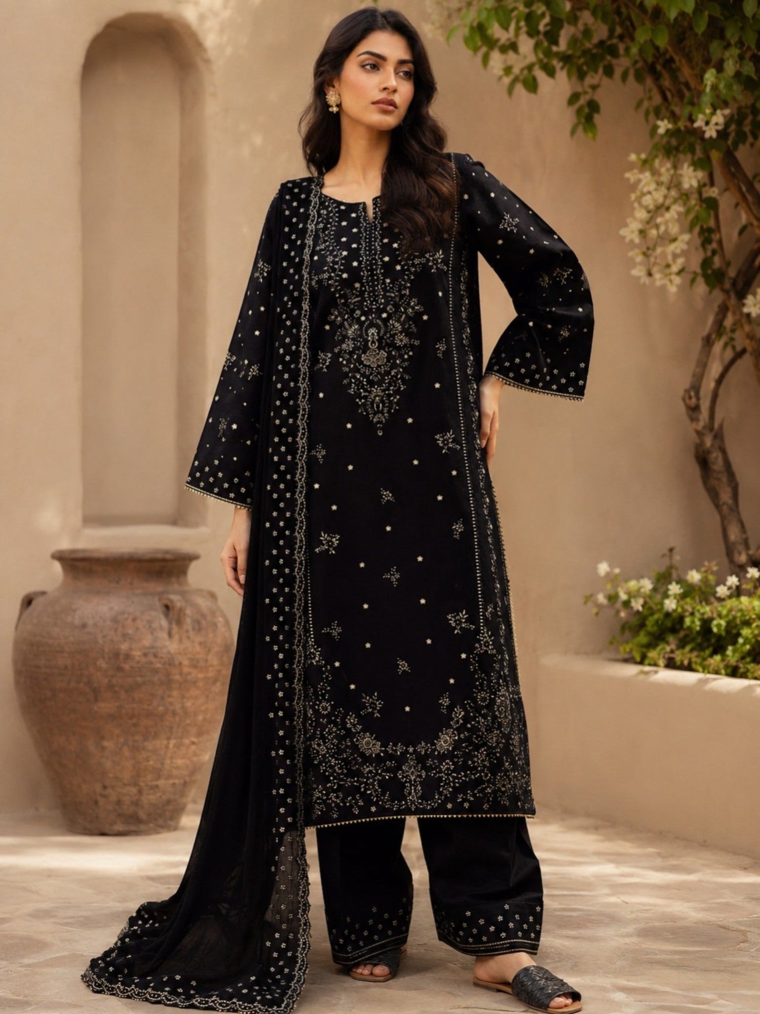 Black Stylish Collection Mahani Lawn Embroidered Stitched 3-Piece Suit-Mannat