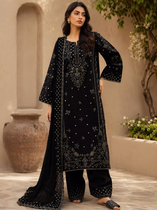 Black Stylish Collection Mahani Lawn Embroidered Stitched 3-Piece Suit-Mannat