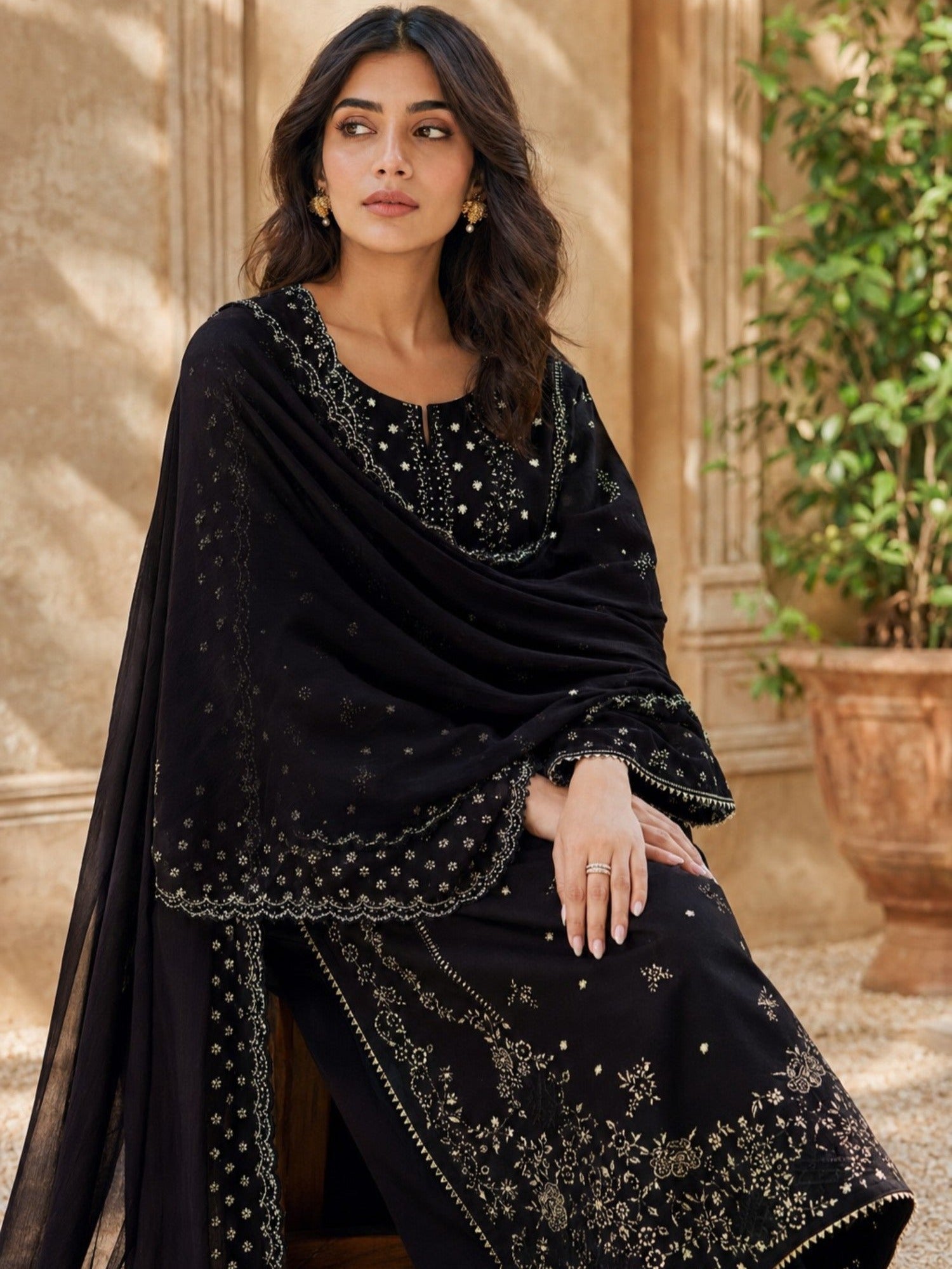 Black Stylish Collection Mahani Lawn Embroidered Stitched 3-Piece Suit-Mannat