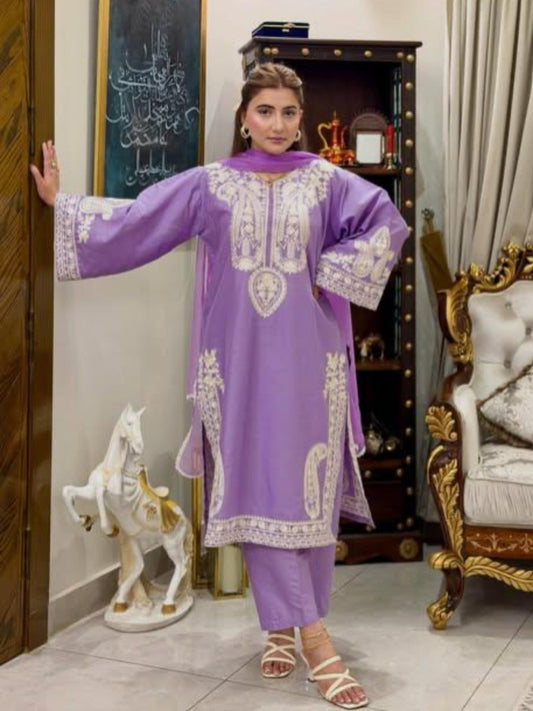 Lilac Stylish Collection Mahani Lawn Embroidered Stitched 3-Piece Suit-Afreen Lilac
