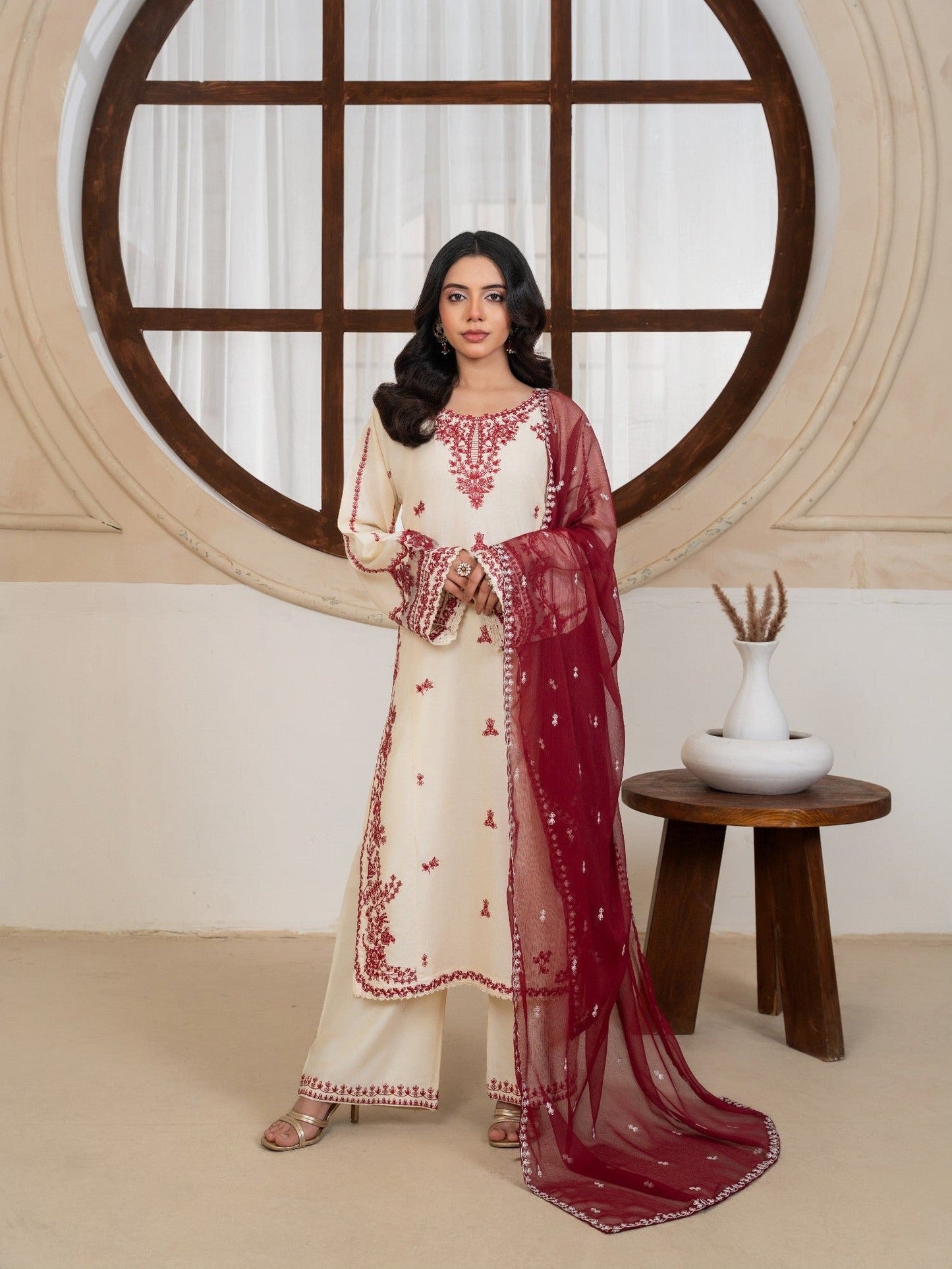 Cream Stylish Collection Mahani Lawn Embroidered Stitched 3-Piece Suit-Lavella