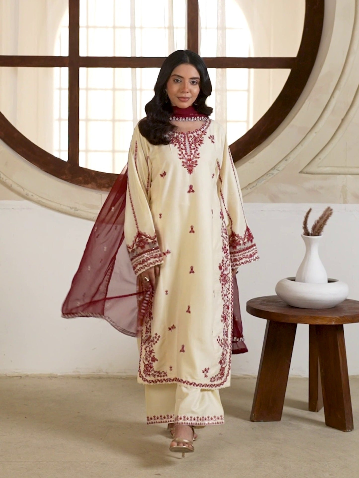 Cream Stylish Collection Mahani Lawn Embroidered Stitched 3-Piece Suit-Lavella