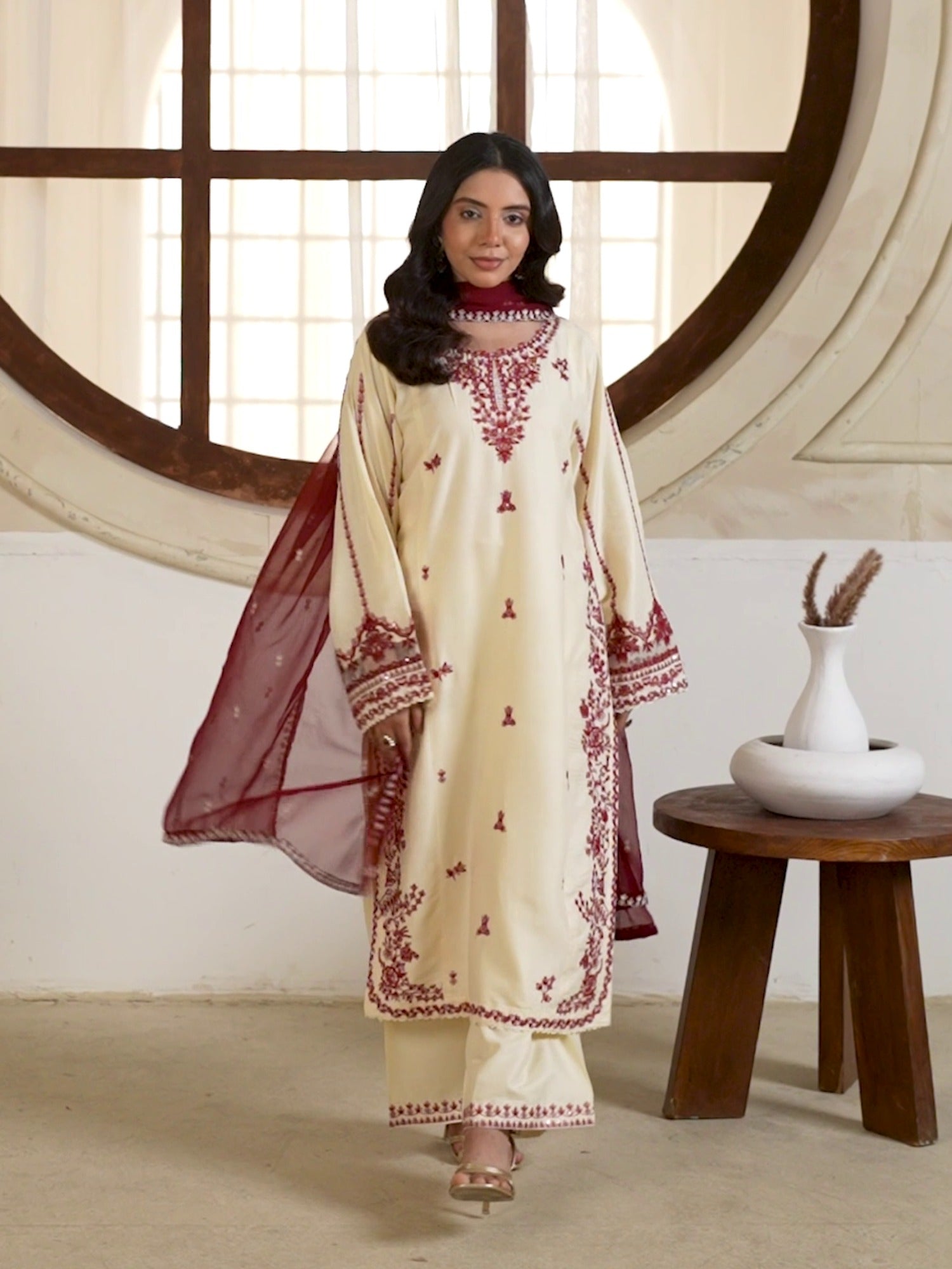 Cream Stylish Collection Mahani Lawn Embroidered Stitched 3-Piece Suit-Lavella