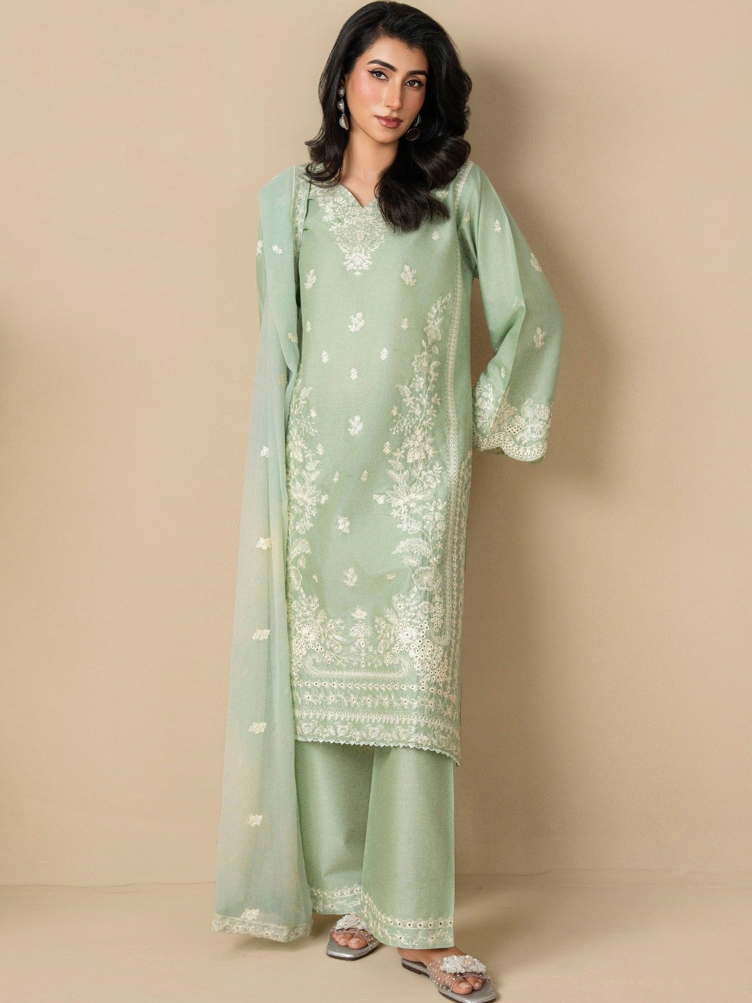 Green Stylish Collection Mahani Lawn Embroidered Stitched 3-Piece Suit-Hayes