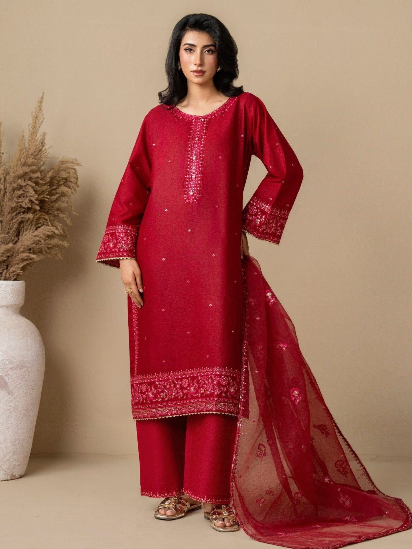 Red Stylish Collection Mahani Lawn Embroidered Stitched 3-Piece Suit-Leeah